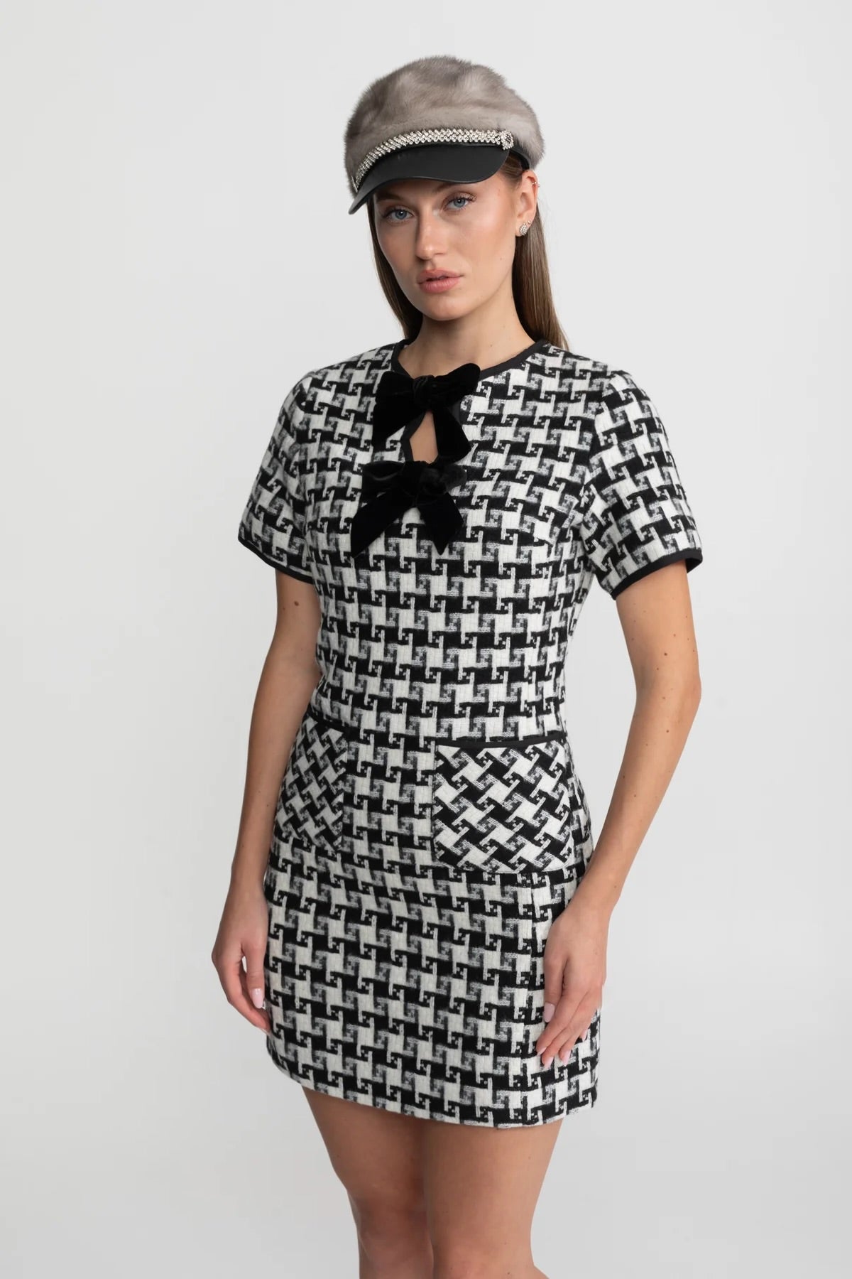 Velvet Bow Tweed Mini Dress With Check Pattern – Black And White