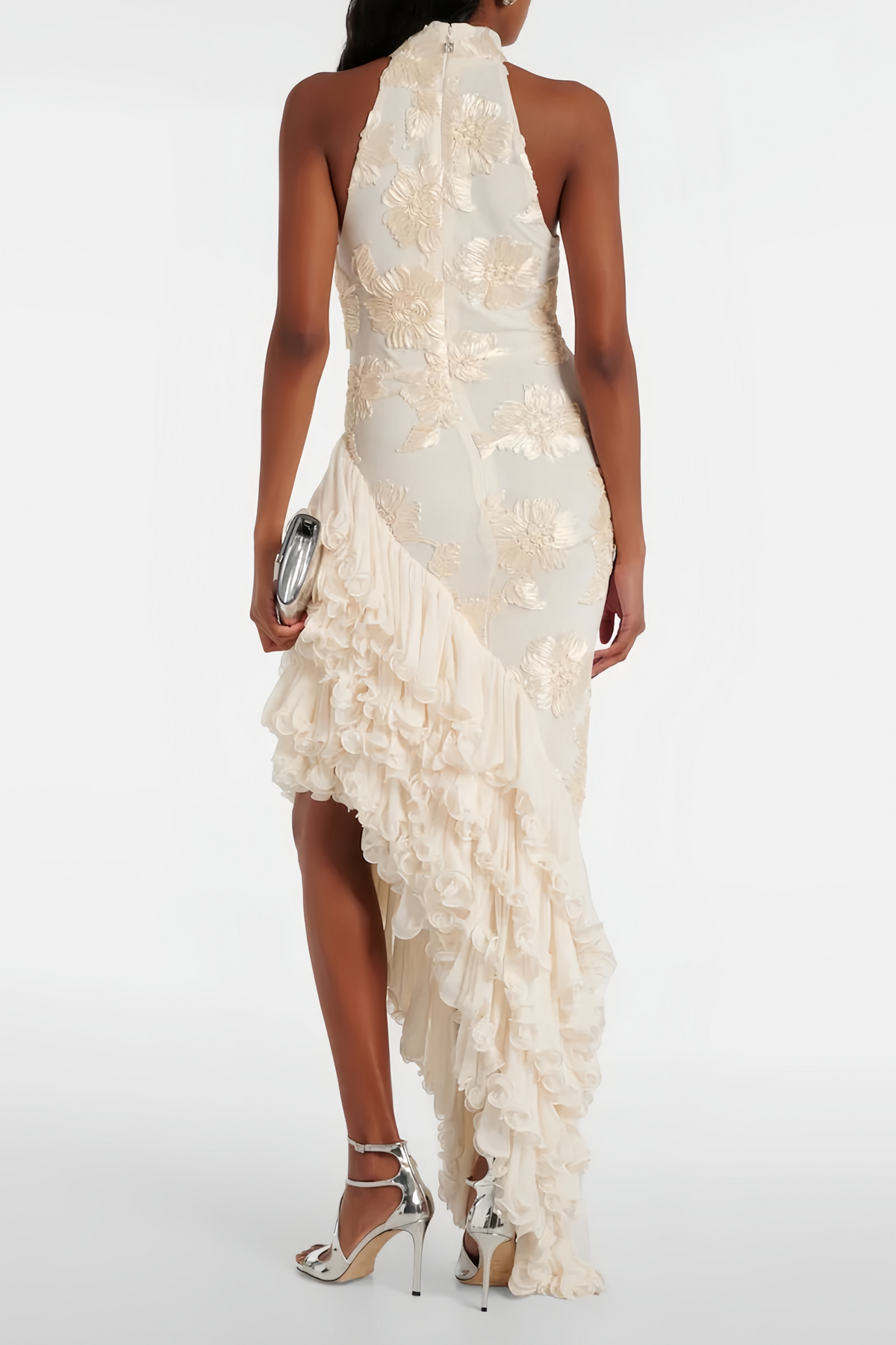 Théoline Neutral Asymmetrical Ruffled Floral Midi Dress