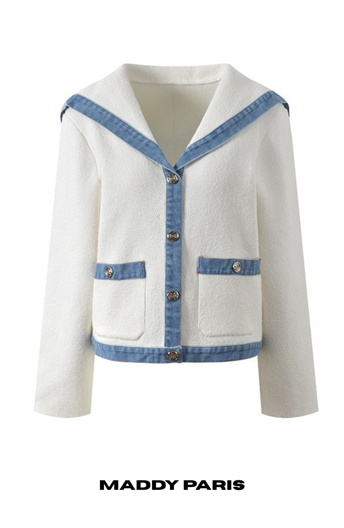 MADDY ELLIOT WHITE CREW-NECK TERRY DENIM-TRIM CARDIGAN TOP - WHITE