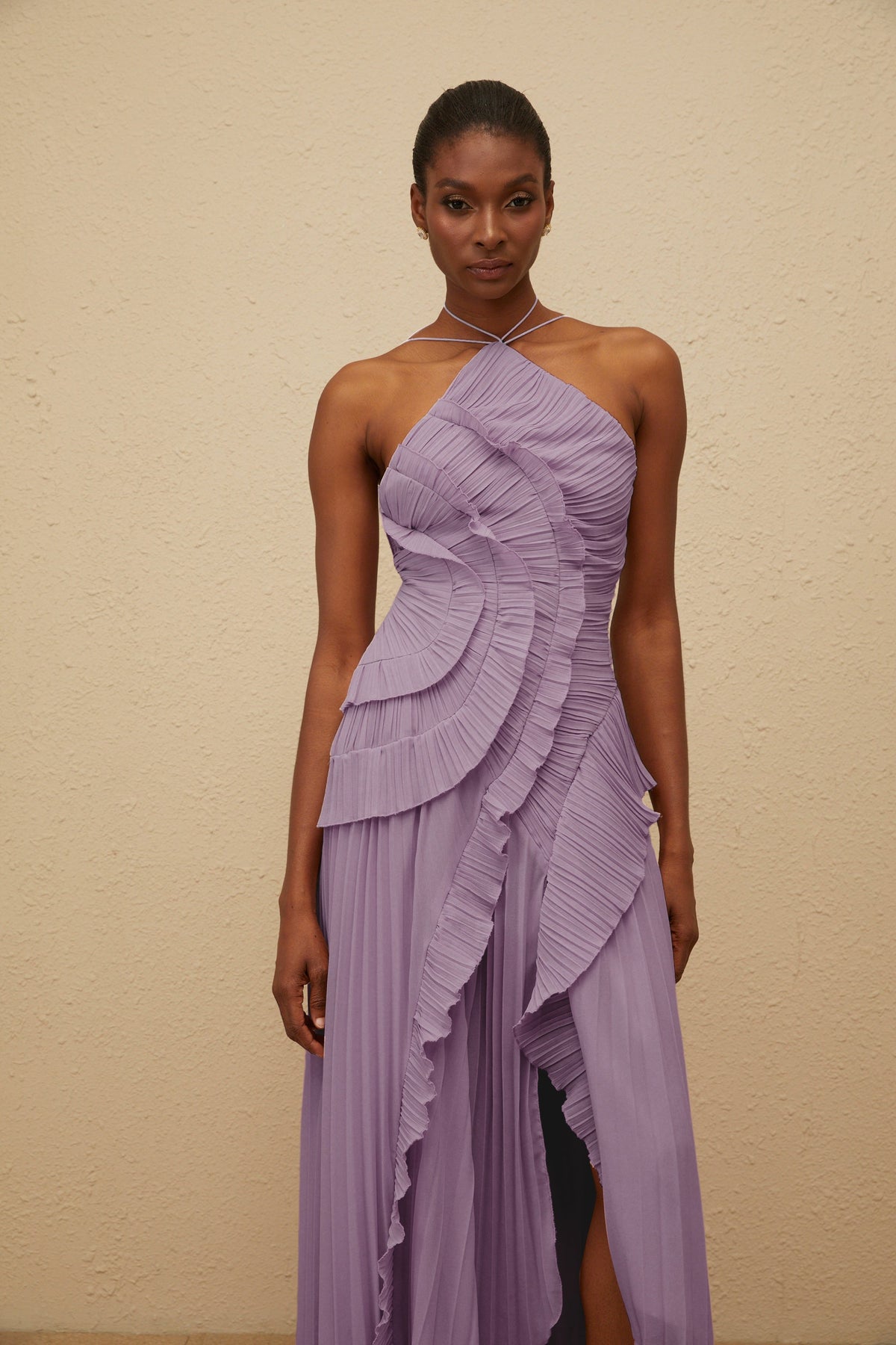 Doux Purple Ruffled Trim Pleated Midi Dress