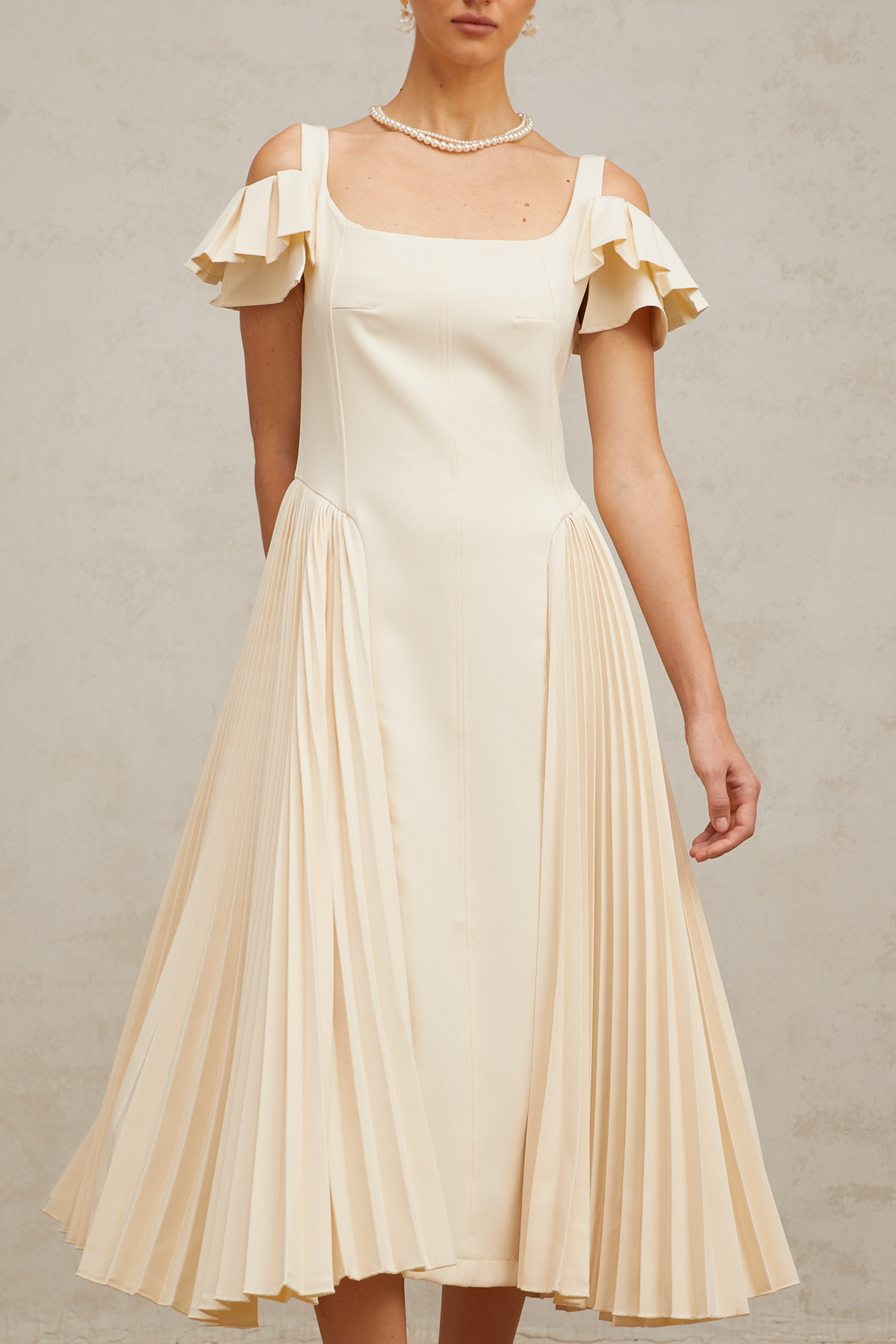 Véronique neutrals pleated flared midi dress