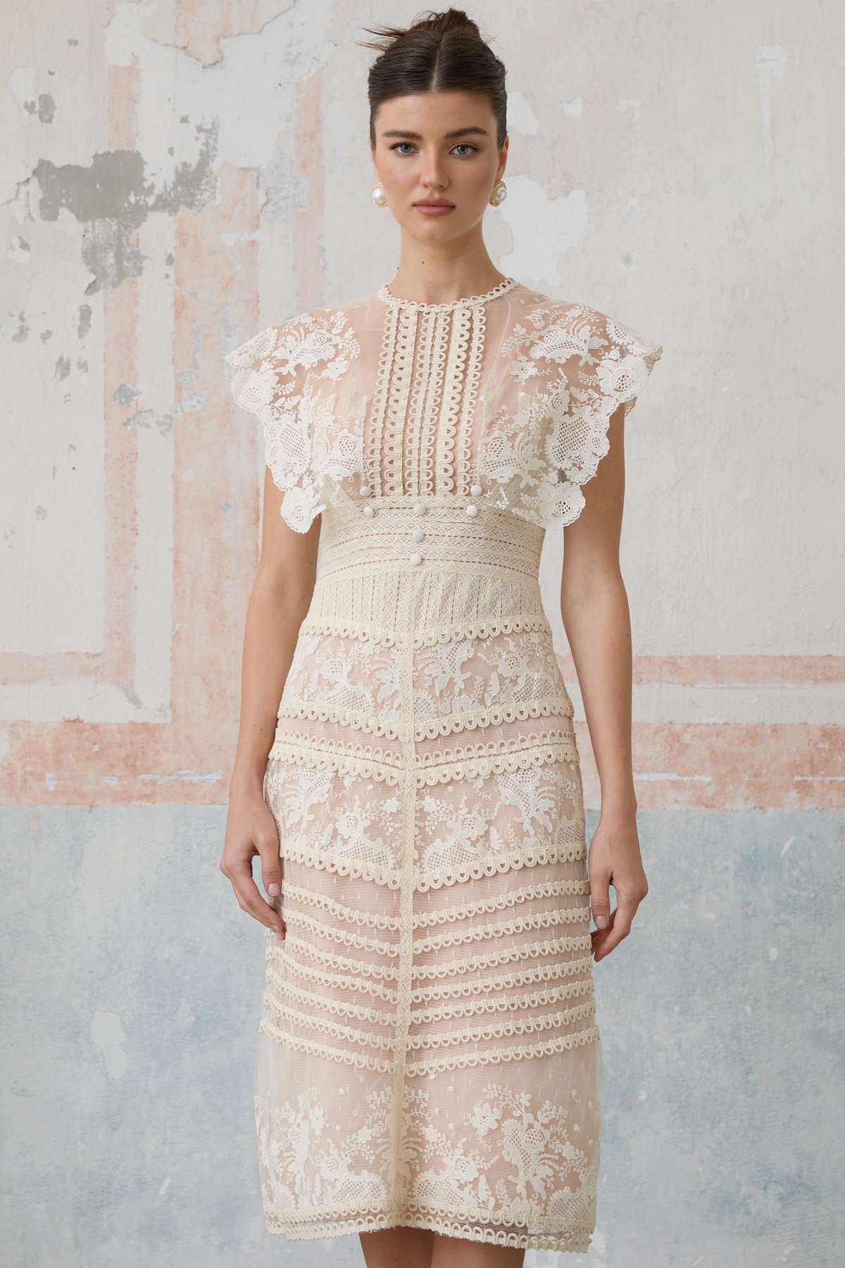 Fleur floral-embroidered lace midi dress in Neutrals