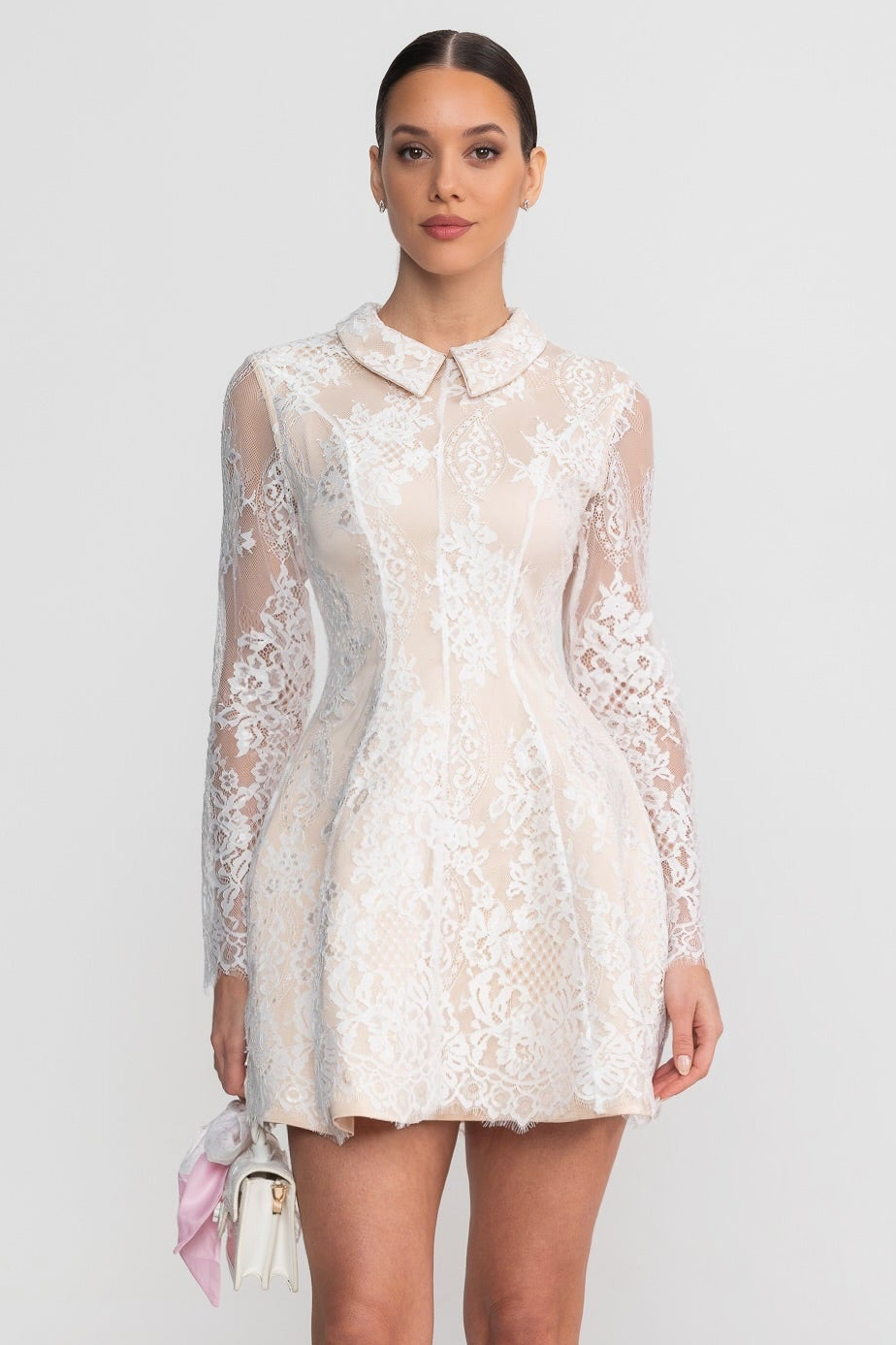 Long Sleeve Lace Mini Dress With Collared Neckline With Sheer Overlay - Ivoire