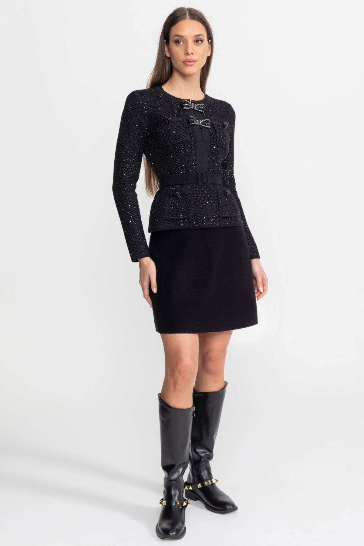 Embellished Tweed Co-Ord Set with Bow Closures And Mini Skirt – Black