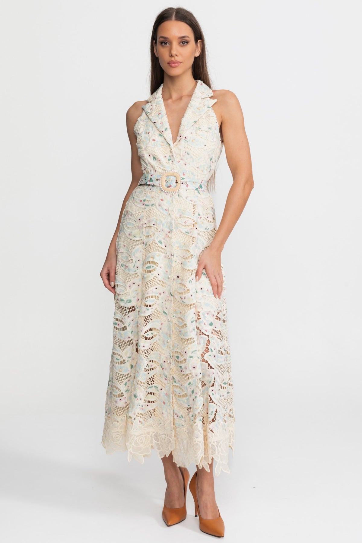 Halter Lace Midi Dress with Belted Waist – Ivoire