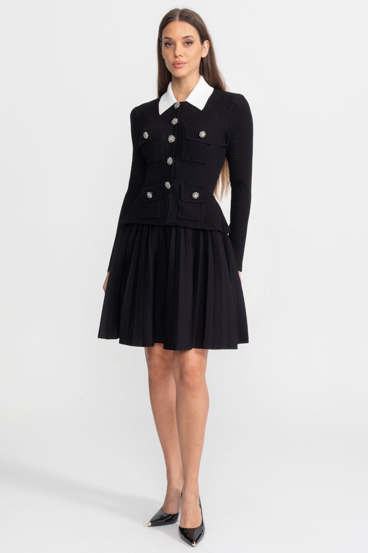 Ribbed Knit Mini Dress with Contrast Collar and Pleated Skirt – Black