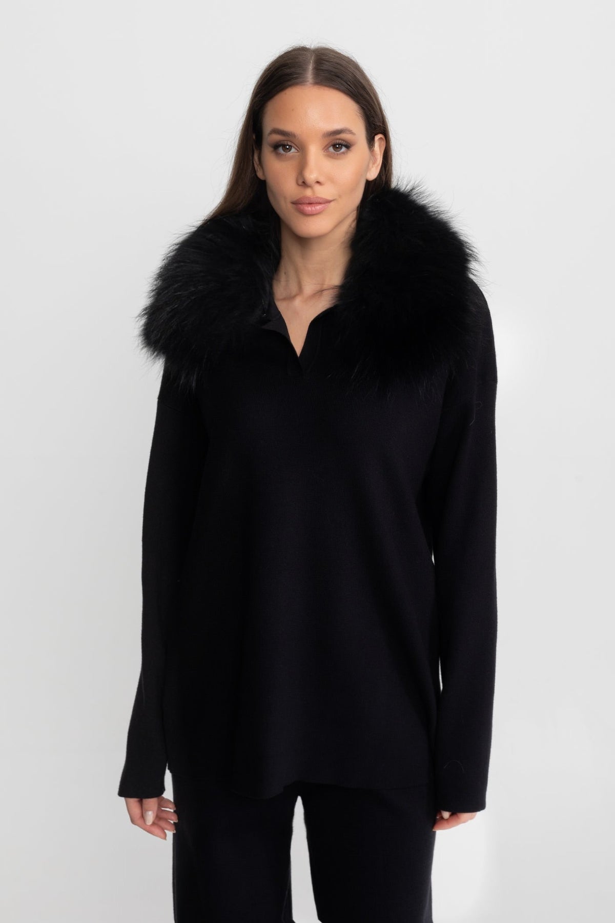 Knit Lounge Co-Ord Set with Fox Fur Collar – Black