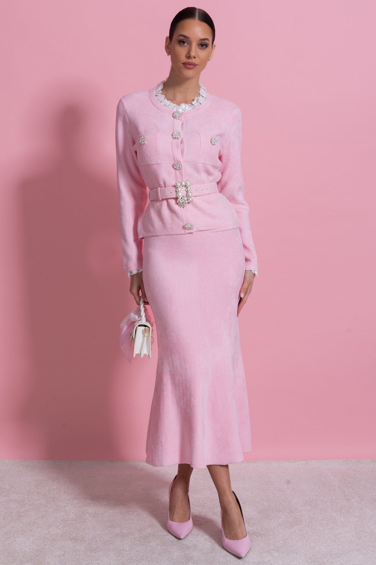 Long Sleeve Co-Ord With Fitted Knit Bodice And Crystal Button Detail - Blush Pink