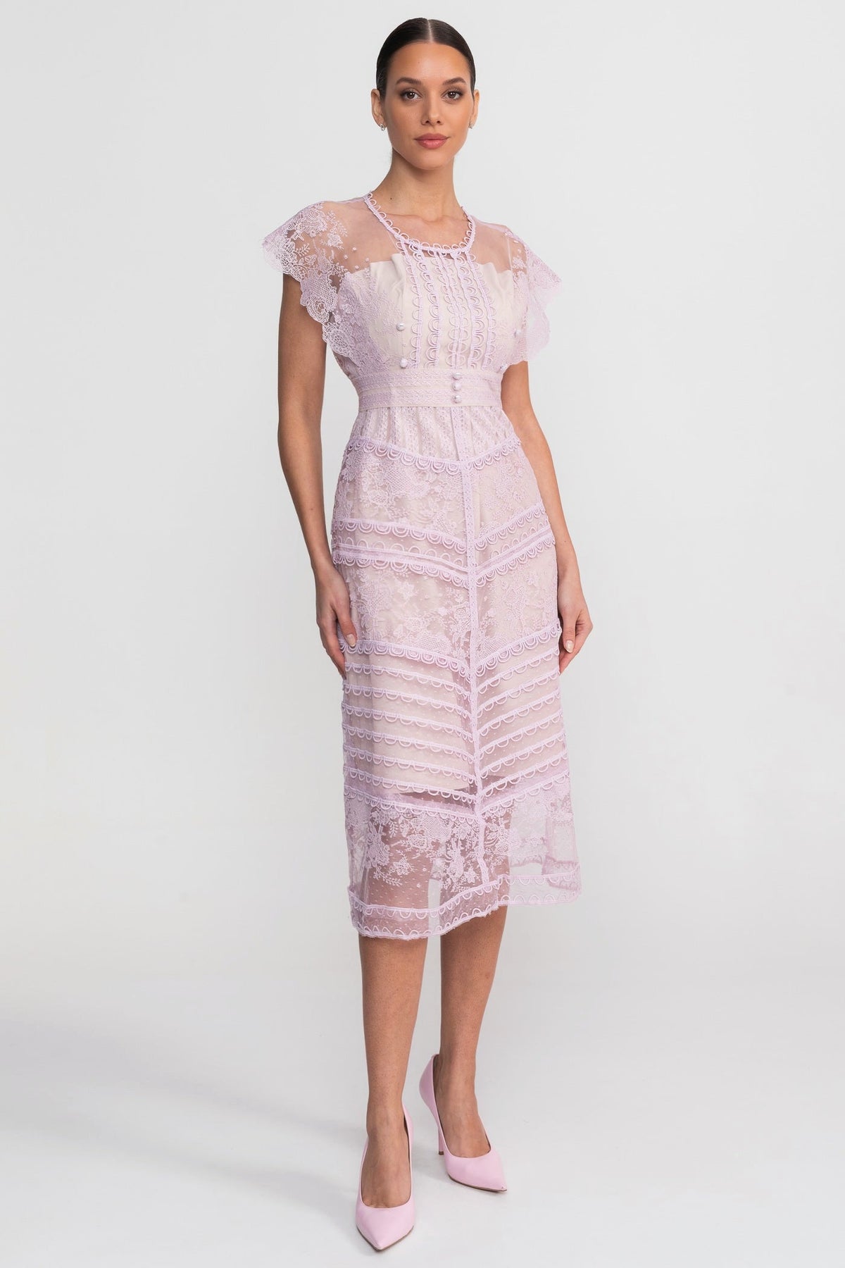 Lace Cap Sleeve Midi Dress With Scalloped Trims And Pearl Button Detail - Lilac