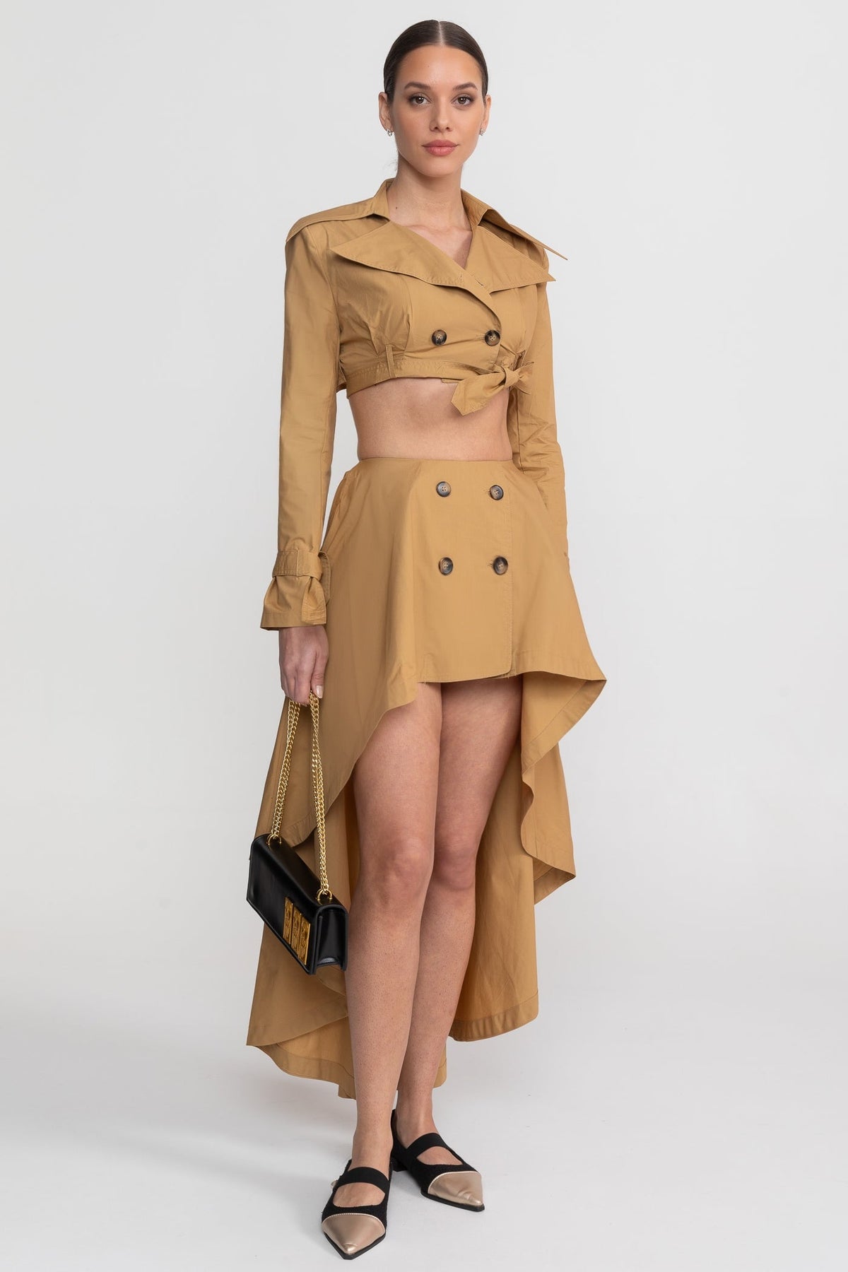 Cropped Trench Co-Ord Set With Asymmetric High-Low Skirt - Camel
