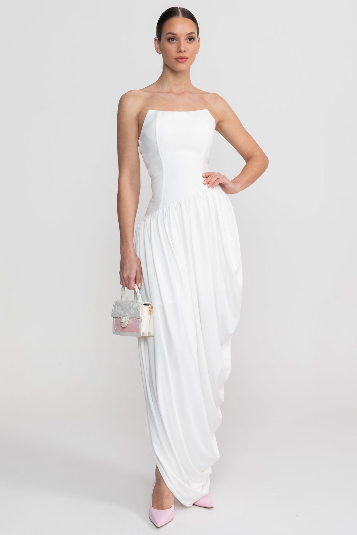 Strapless Maxi Dress With Asymmetric Draped Skirt - White