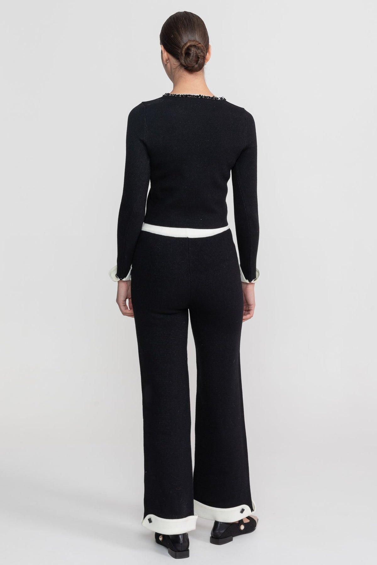 Long Sleeve Knit Co-Ord Set With Contrast Trim And Sparkling Embellishments - Black