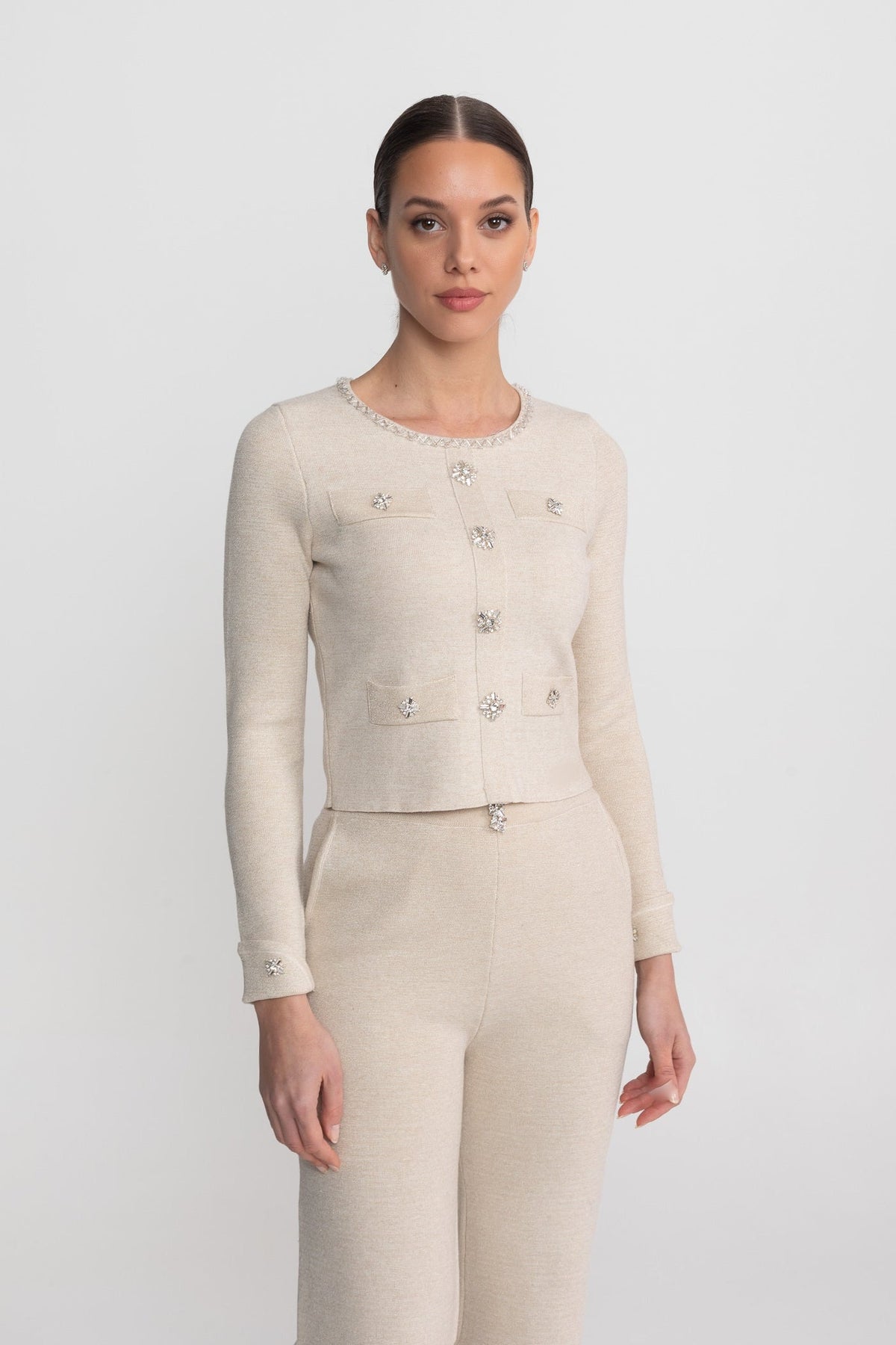 Long Sleeve Knit Co-Ord Set With Sparkling Embellishments - Beige
