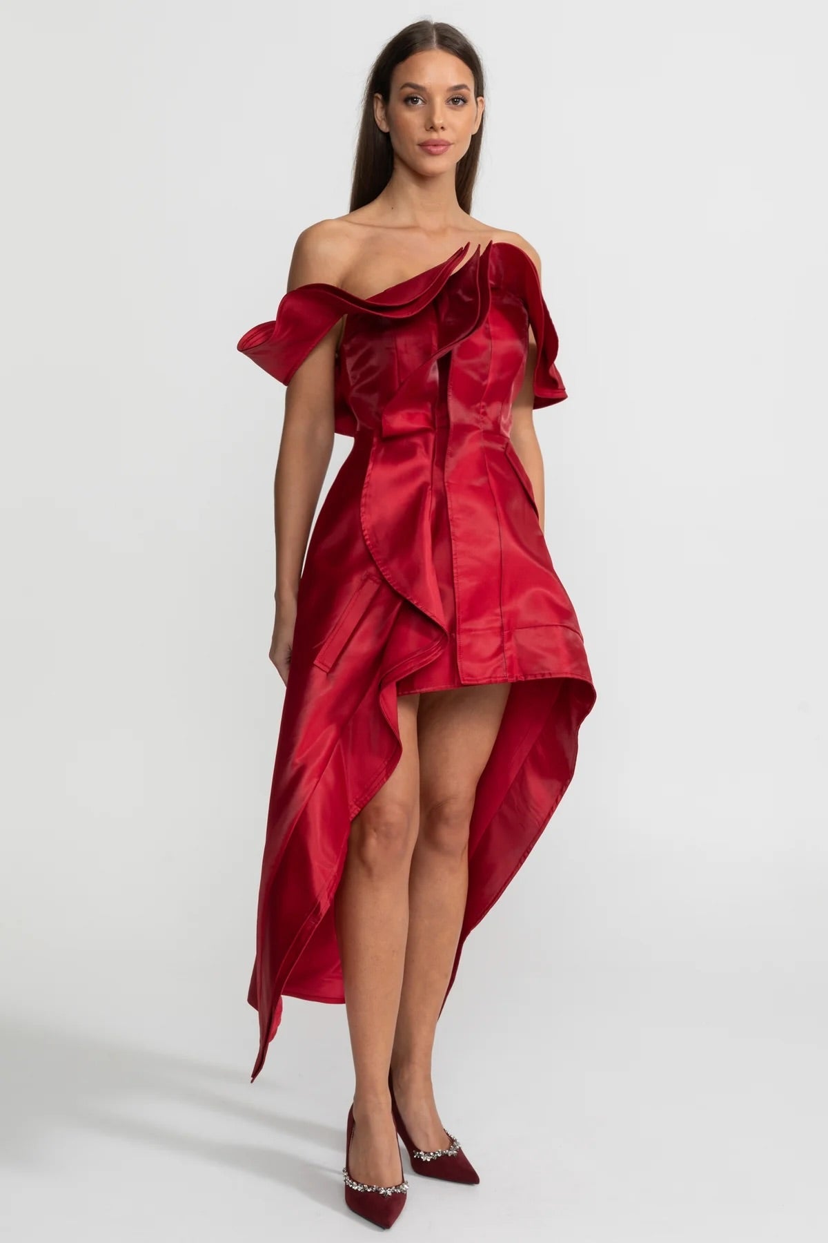 Off-Shoulder Ruffled High-Low Satin Dress – Crimson Red