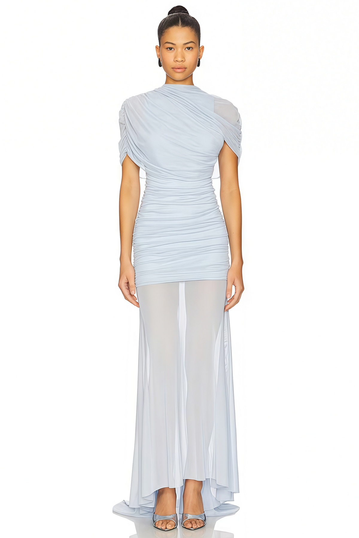 Sylphe Blue Asymmetrical Ruched Mesh Maxi Dress