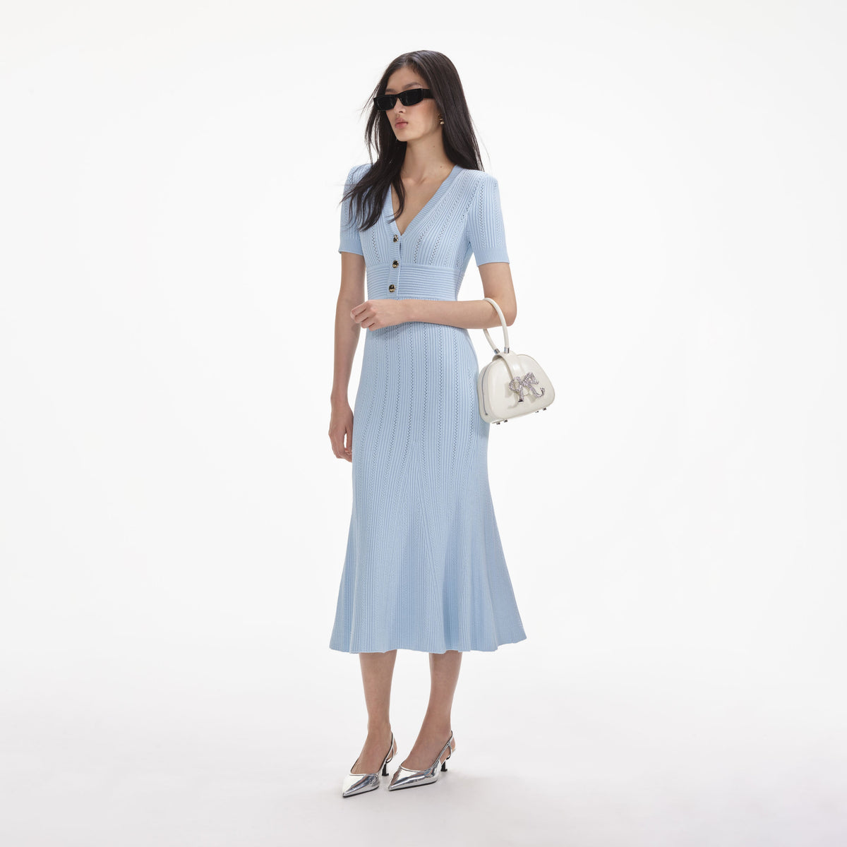 Blue Pointelle Knit Midi Dress