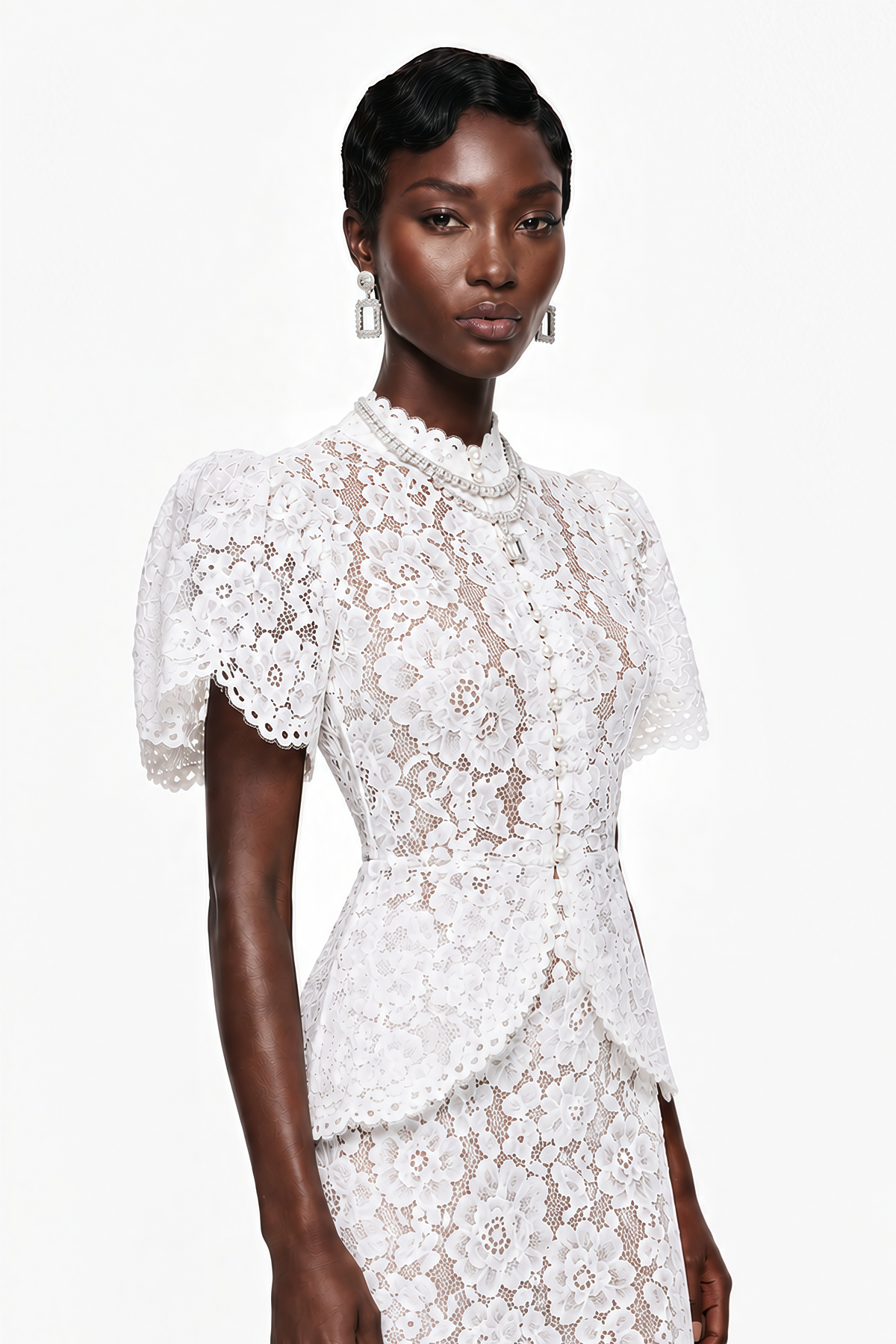 Adèle White Short Sleeve Floral Blouse & Mermaid Skirt Set