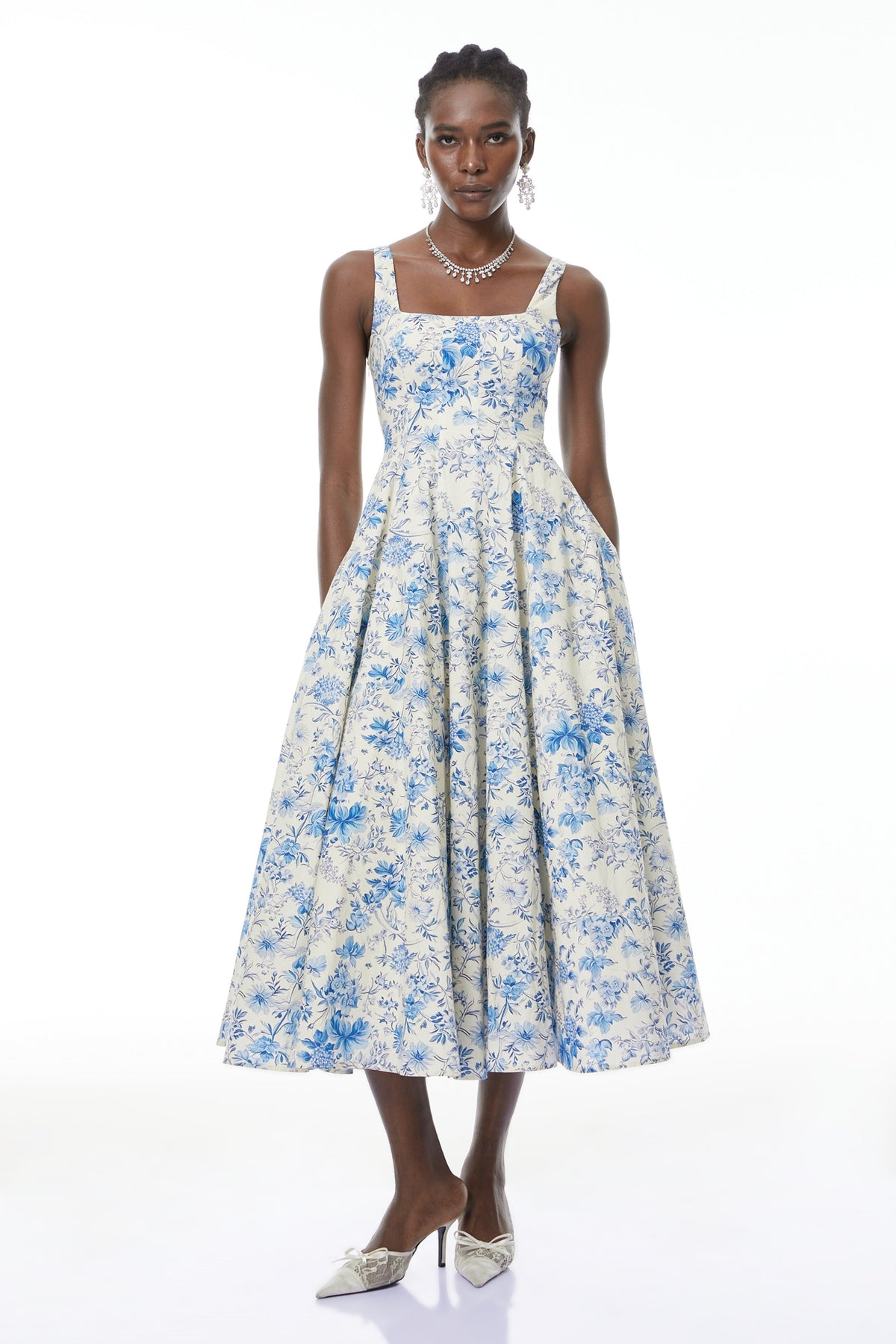Adelheid Blue Floral Print Flared Midi Dress
