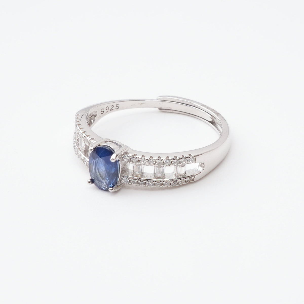 Adeline Sapphire Blue Oval Cut Openwork Baguette Sterling Silver Ring