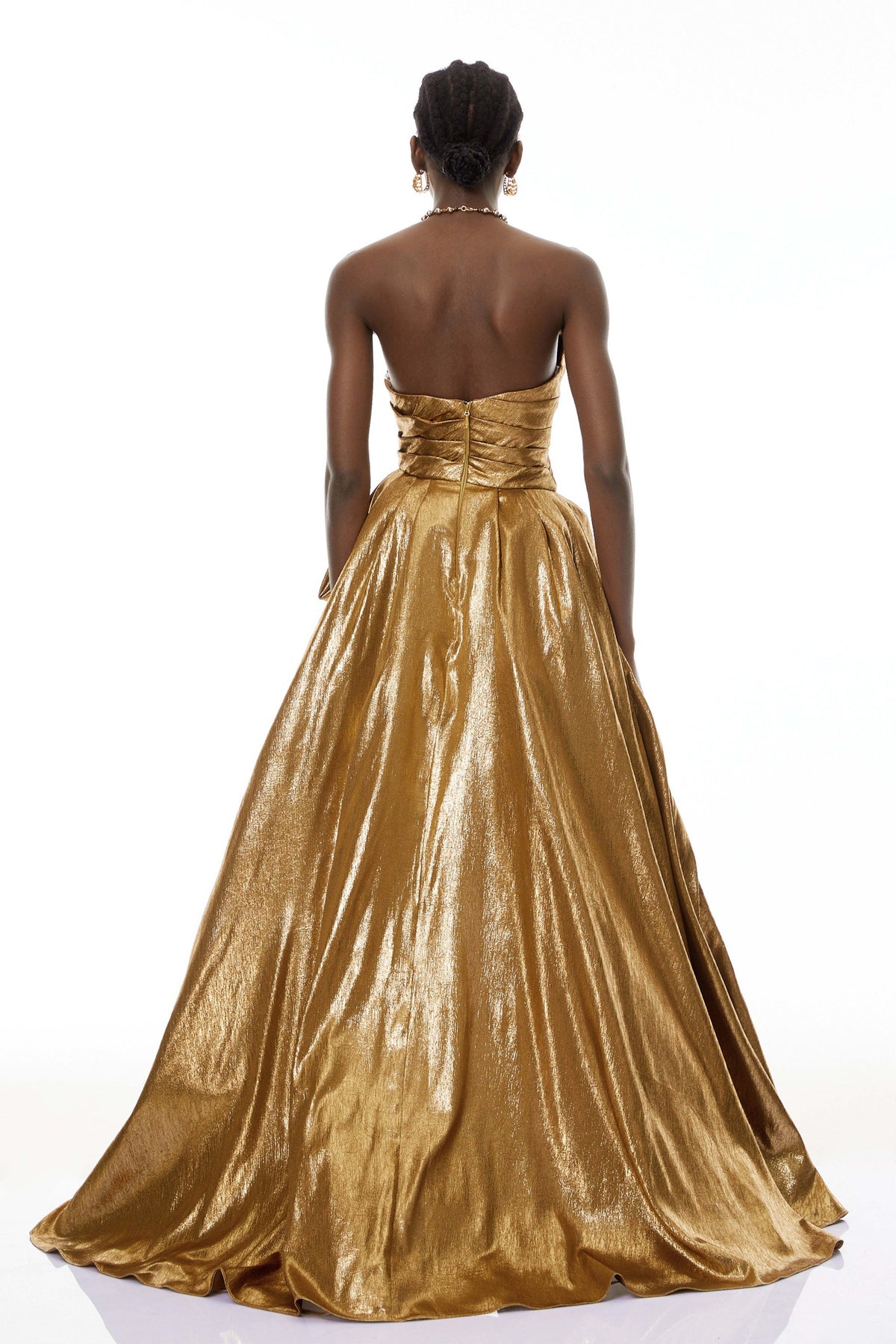 Adina Gold Glossy Asymmetrical Ruched Gown