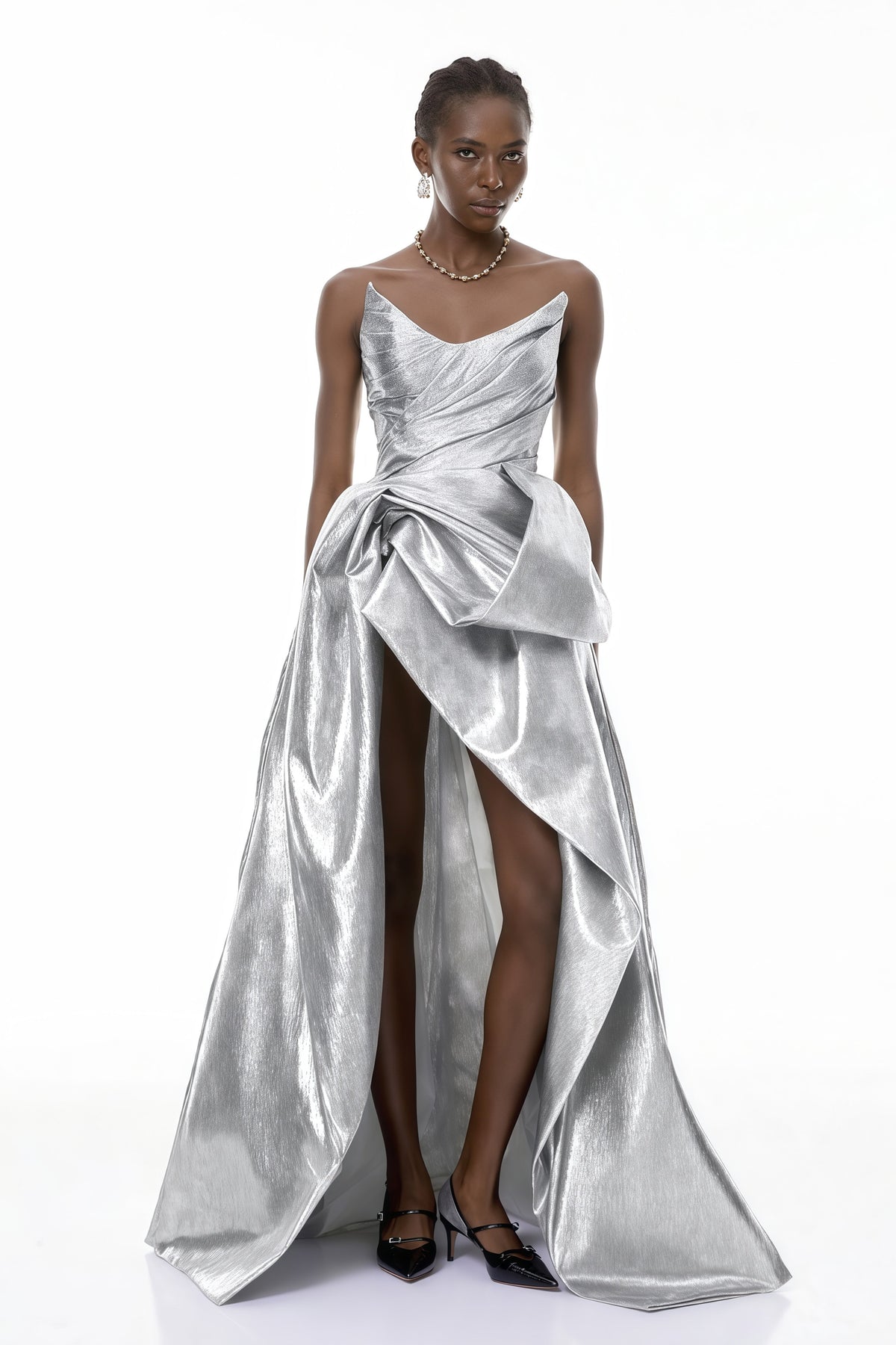 Adina Silver Glossy Asymmetrical Ruched Gown (Final Sale)