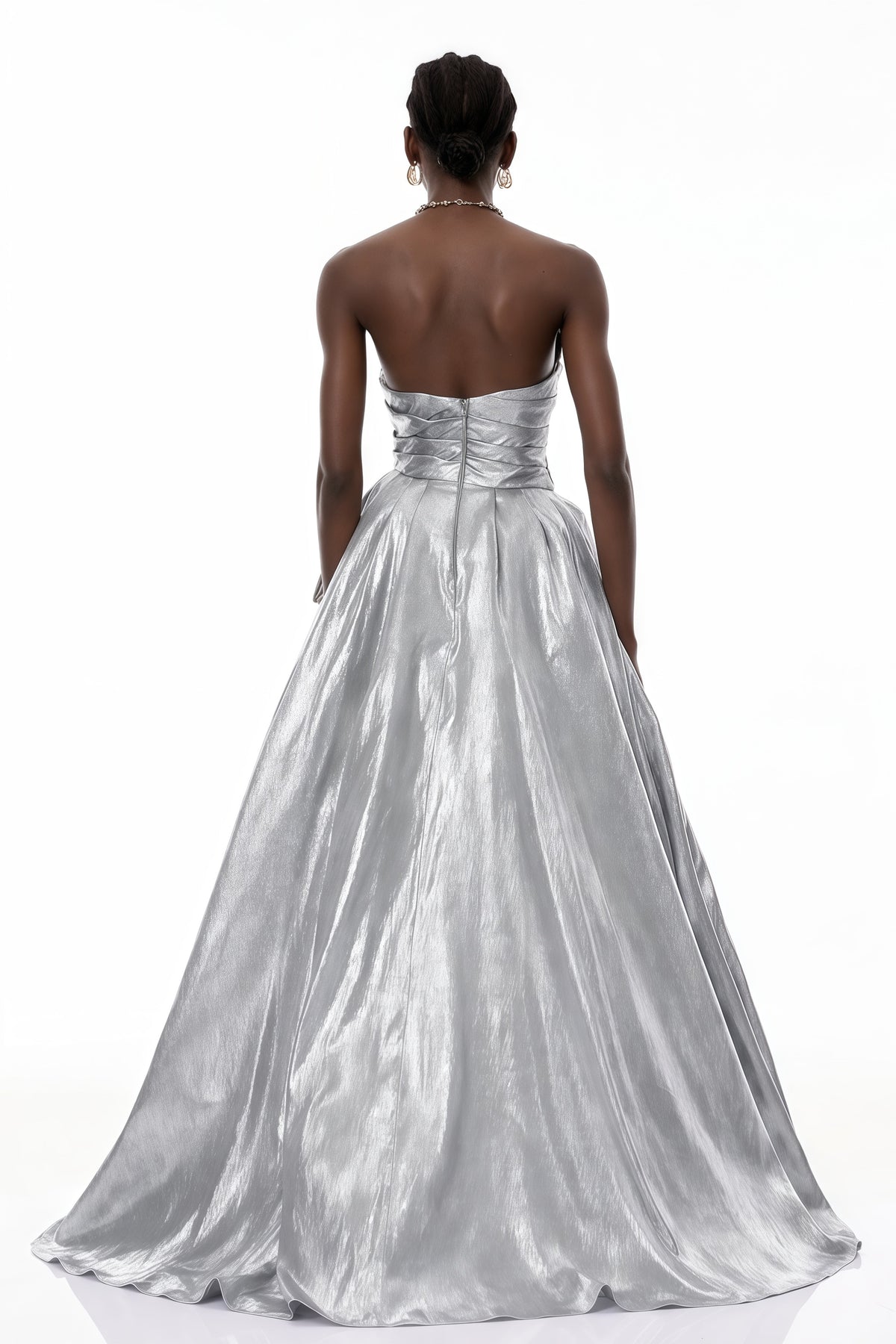 Adina Silver Glossy Asymmetrical Ruched Gown (Final Sale)