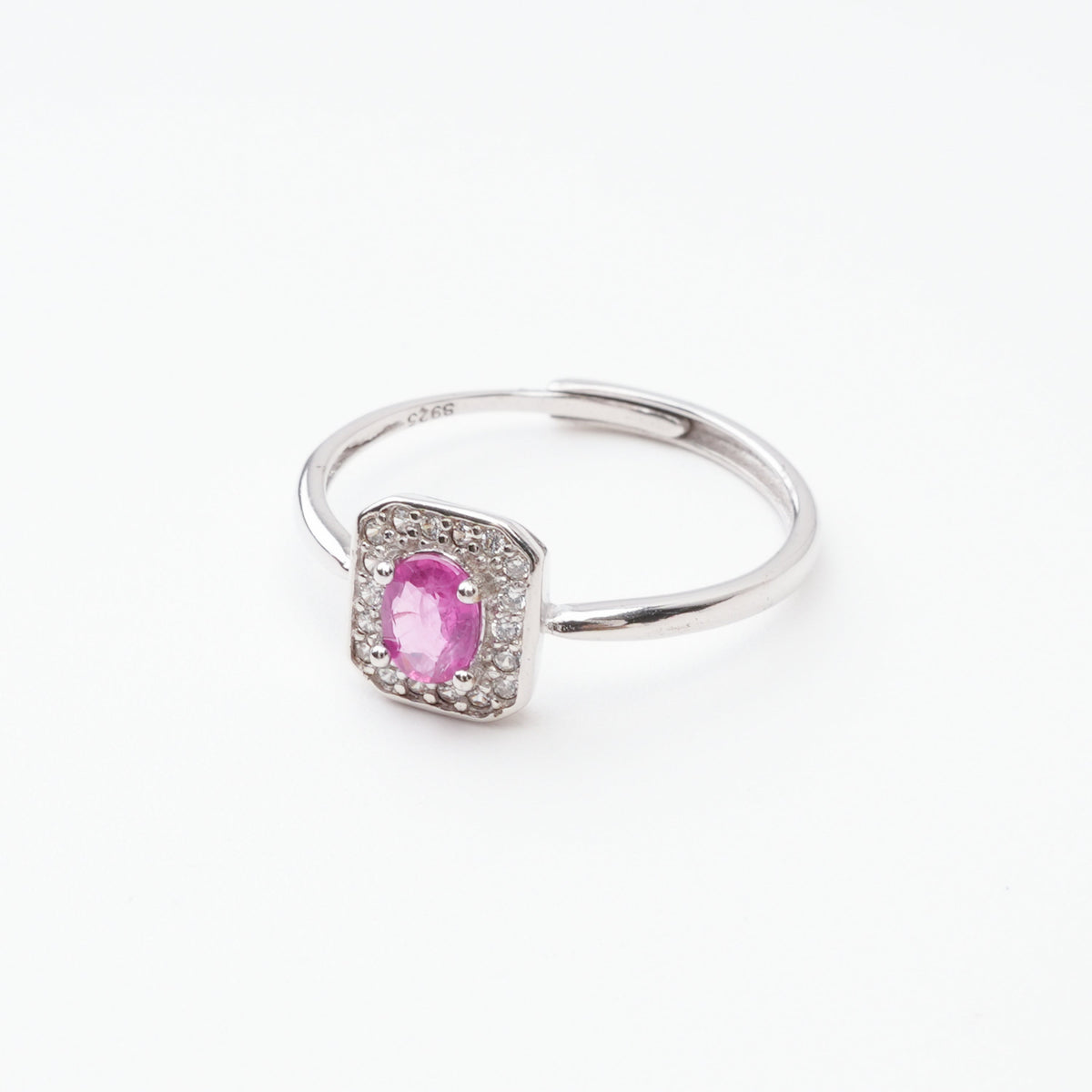 Agathe Pink Ruby Cushion Halo Sterling Silver Ring
