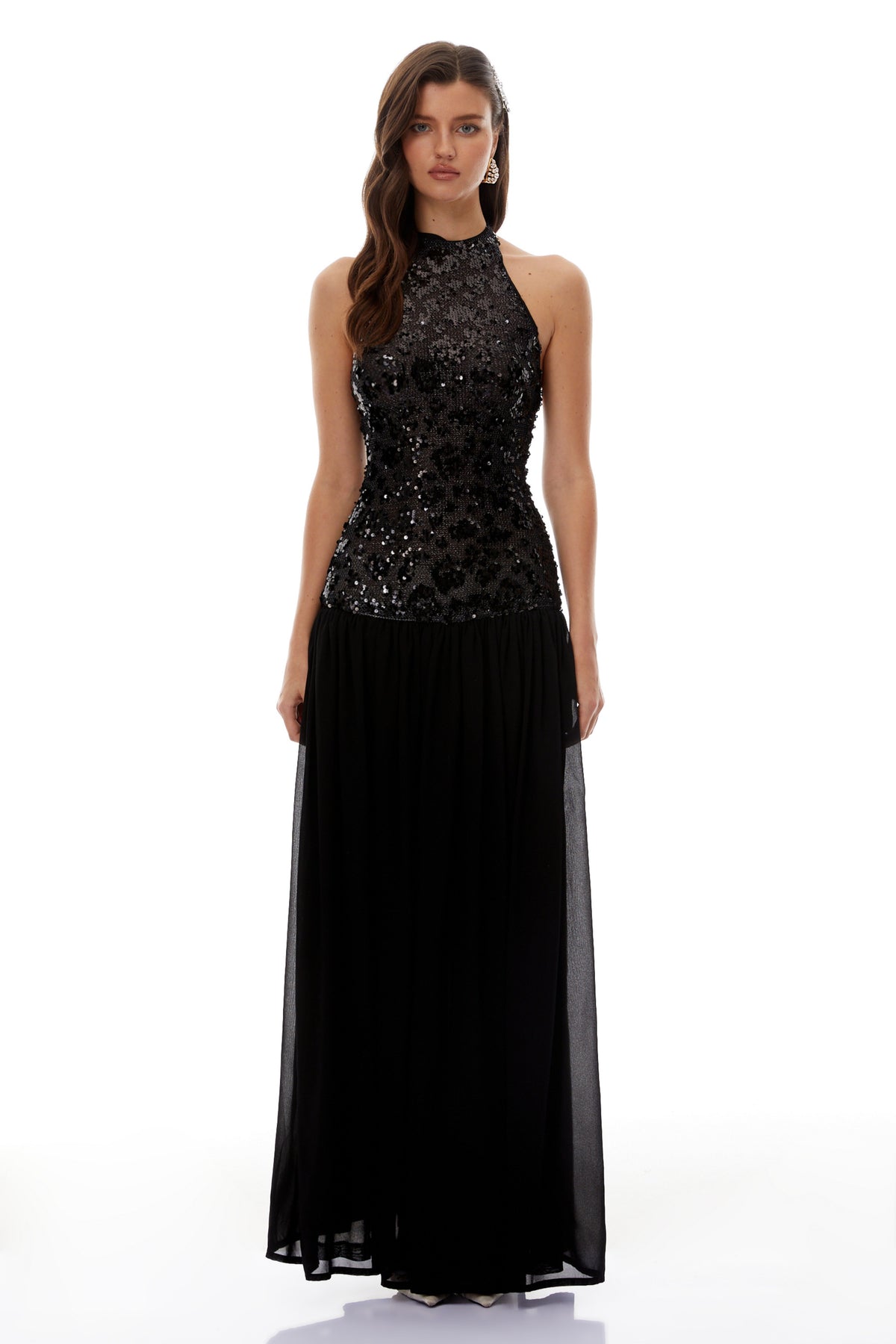 Ainoa Black Sequin Ruched Maxi Dress