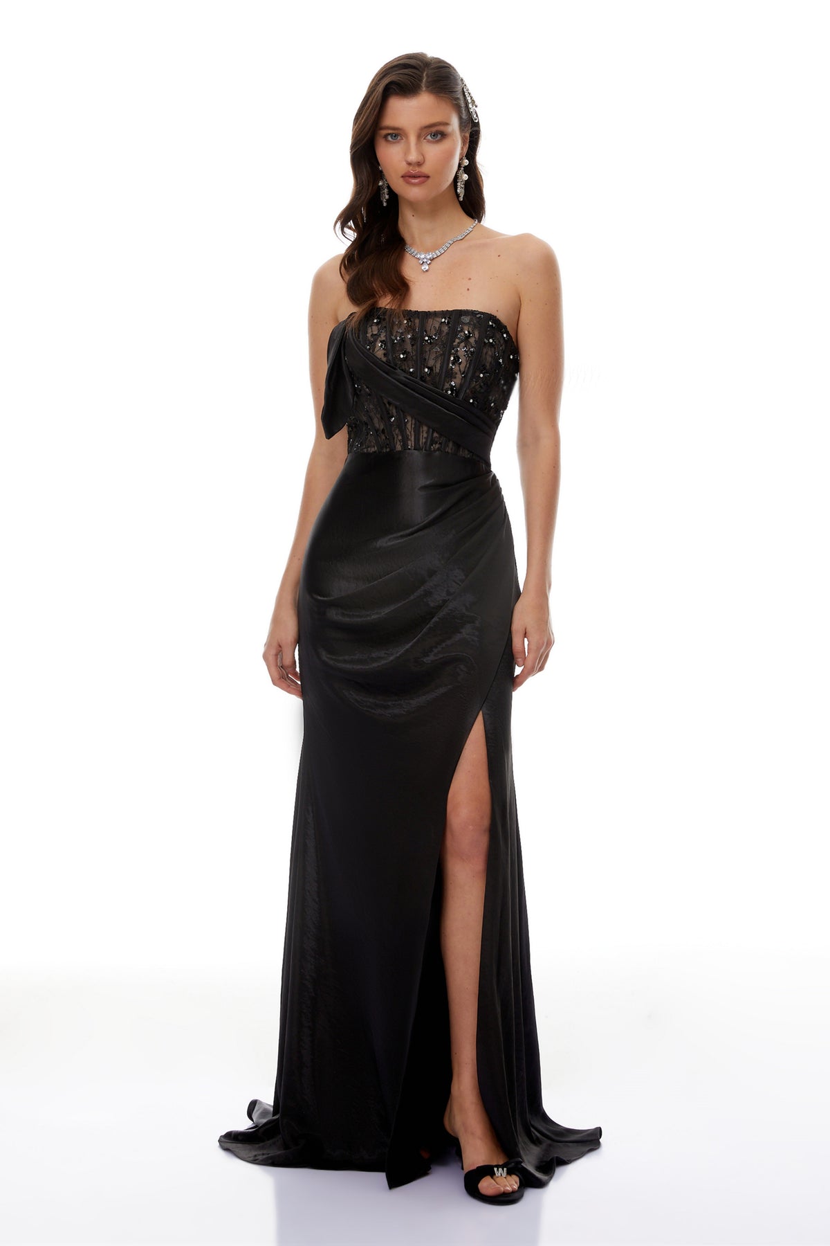 Aitziber Black Beaded Lace Sparkly Maxi Dress
