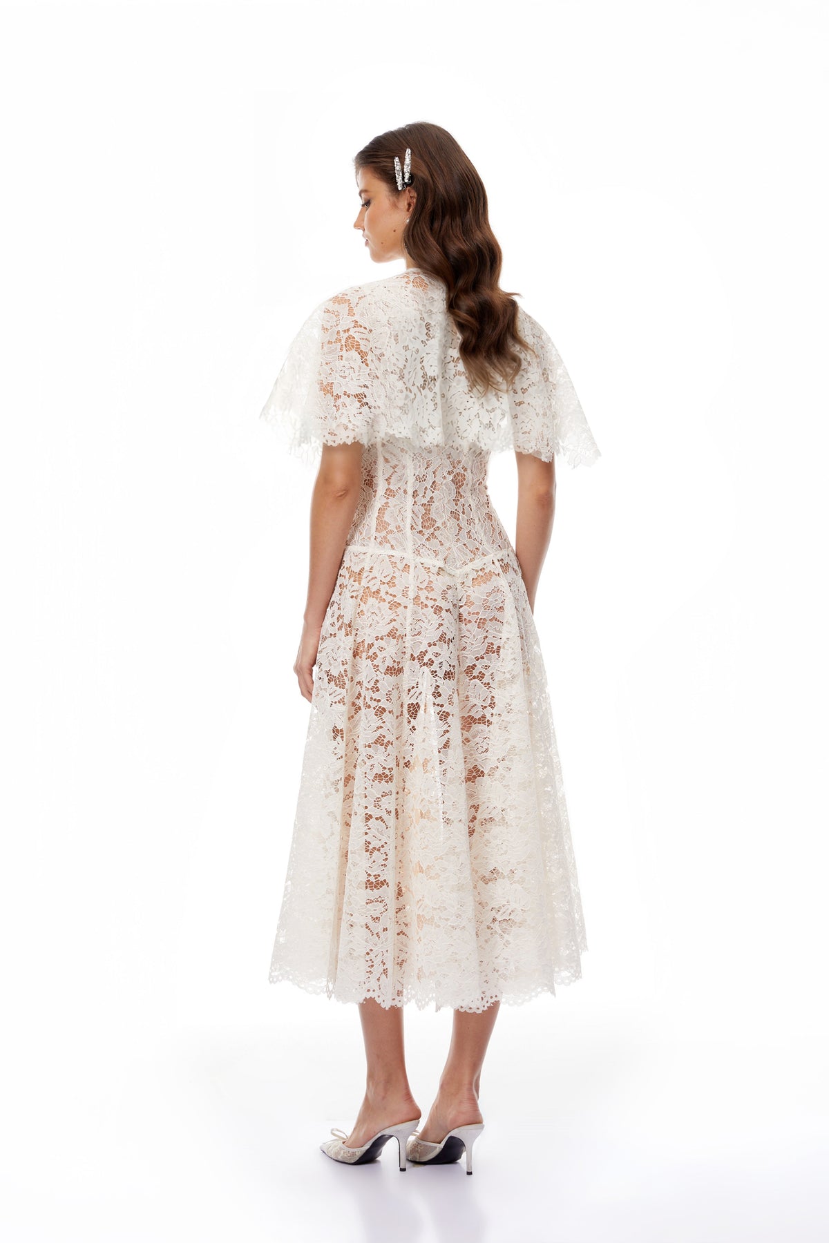 Alaia White Cape Design Floral Lace Midi Dress