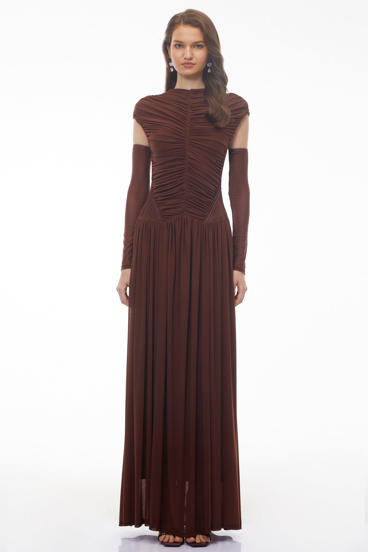 Alberte Brown Mock Neck Ruched Maxi Dress