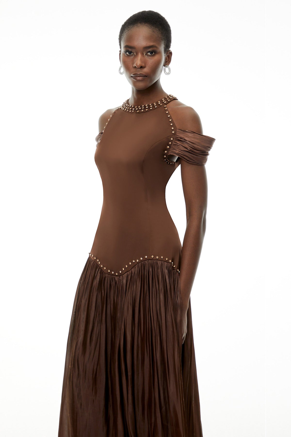 Alice Chocolate Brown Embellished Pleated Maxi Dress (Final Sale)