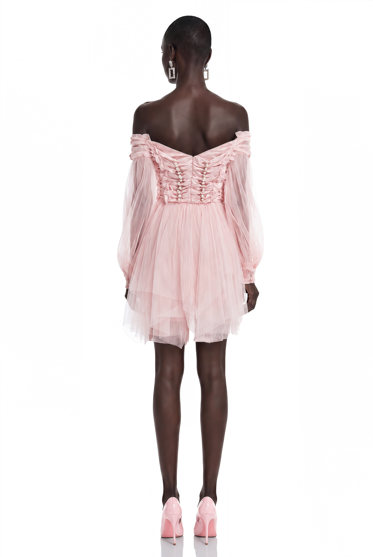Alma Blush Pink Ruffled Asymmetrical Mini Dress with Pearls