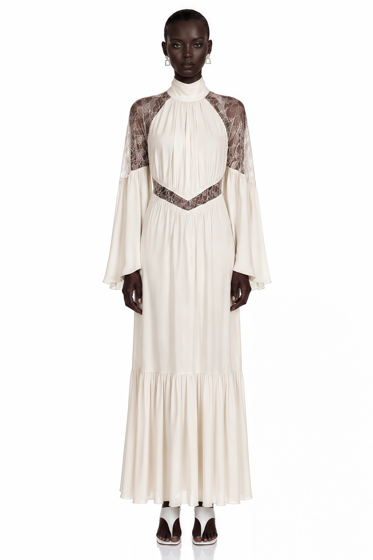 Amara White Pleated Maxi Dress with Flared Sleeves