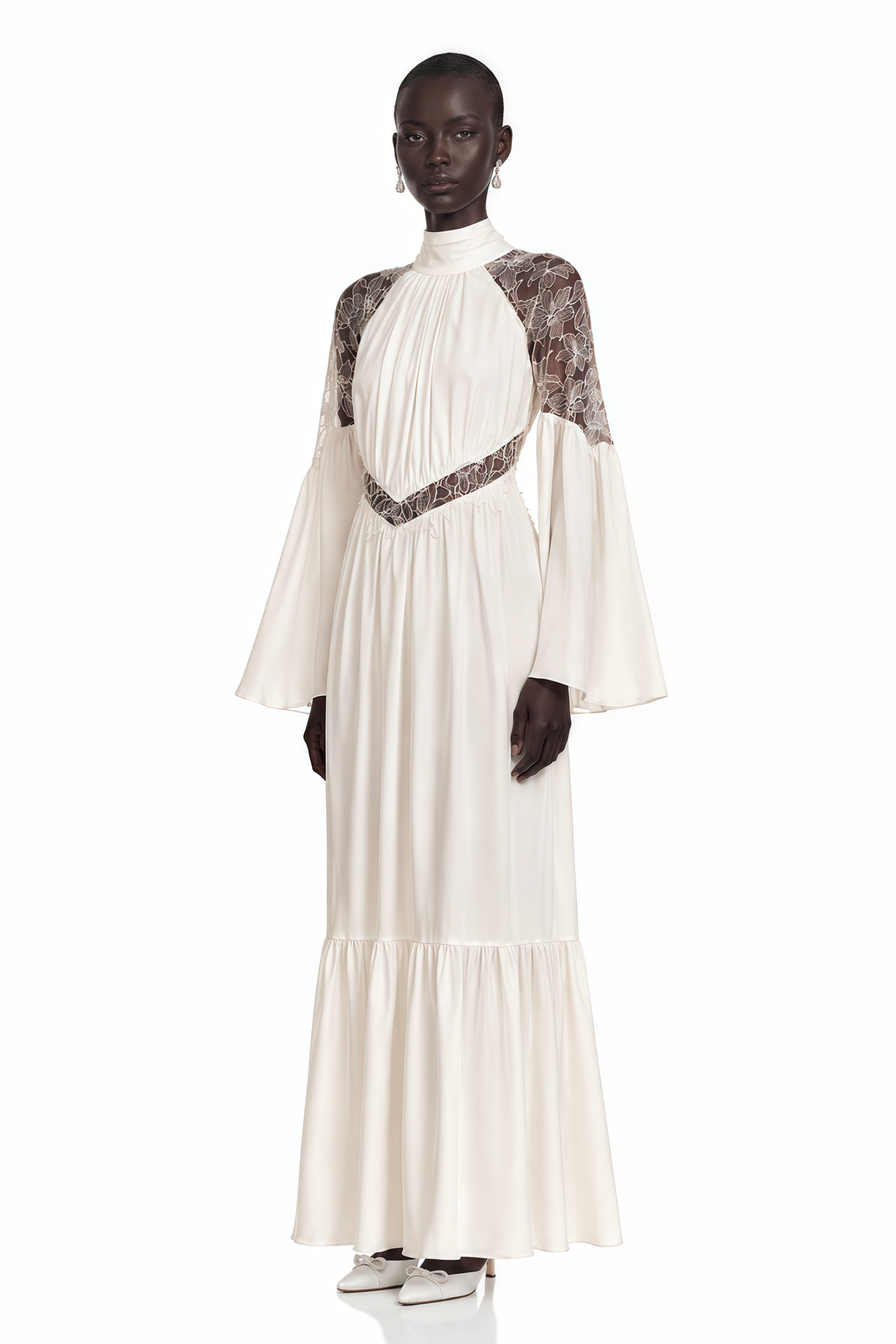 Amara White Pleated Maxi Dress with Flared Sleeves