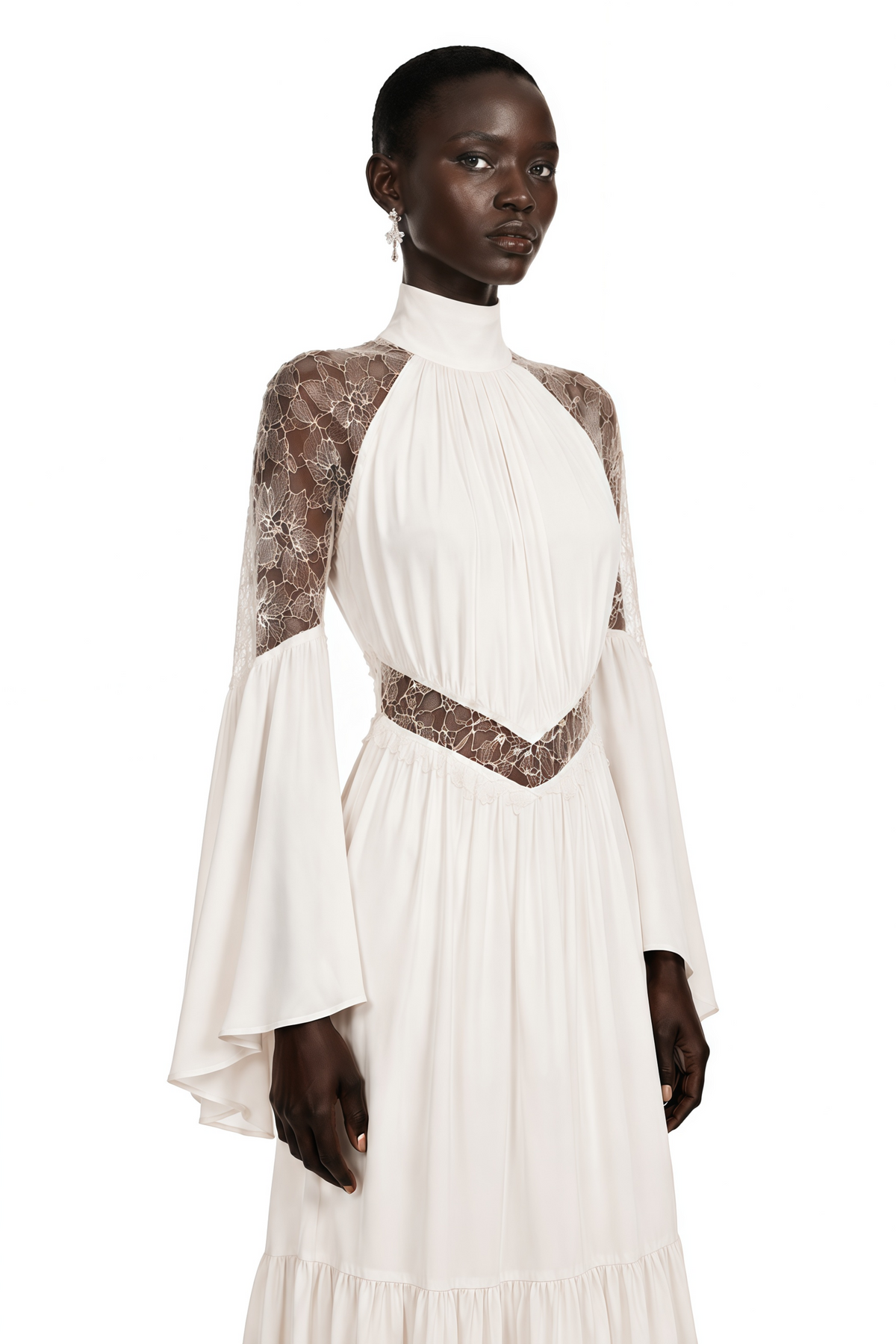Amara White Pleated Maxi Dress with Flared Sleeves