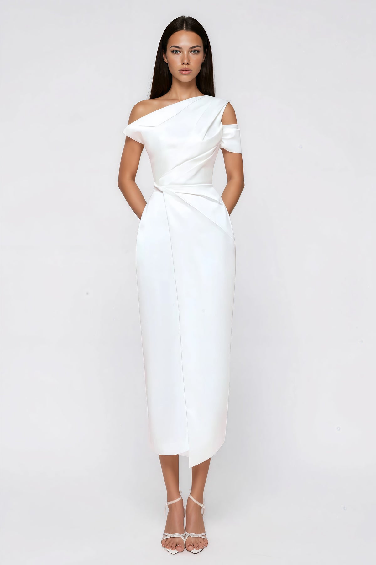 Amarante White One Shoulder Asymmetrical Midi Dress