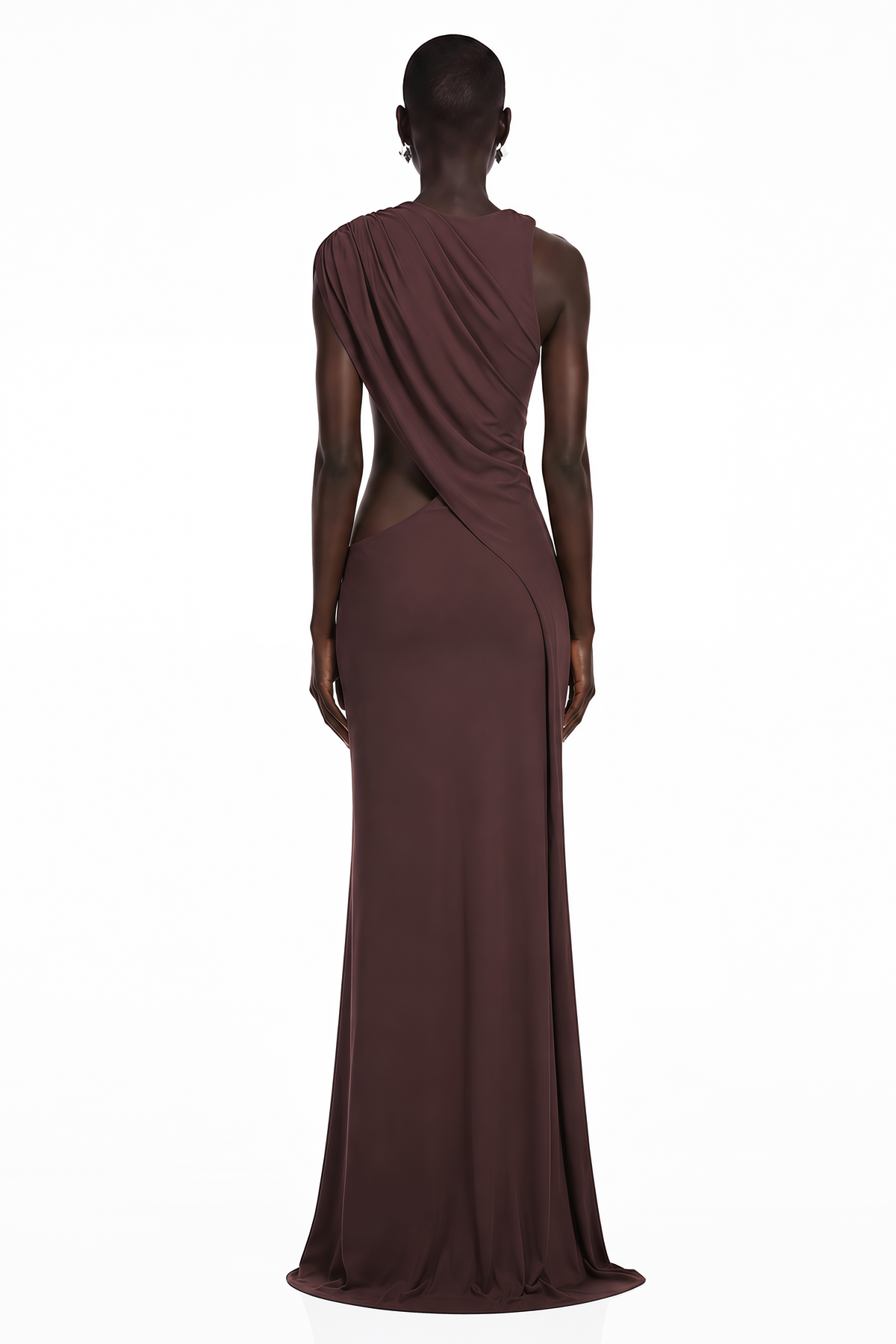 Amore Chocolate Brown One Shoulder Ruched Maxi Dress