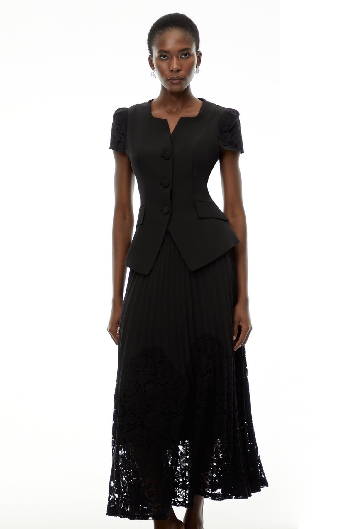Beatrice Black V-Neck Button Down Top & Skirt Set