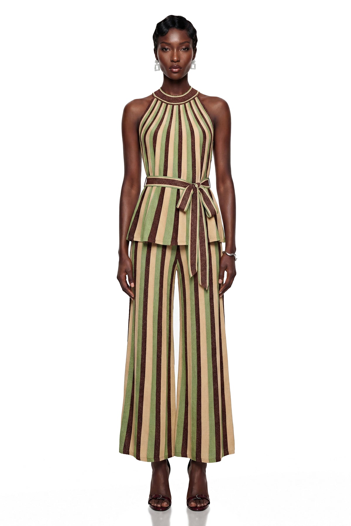 Anastasia Green Stripe Pattern Top & Trousers Matching Set