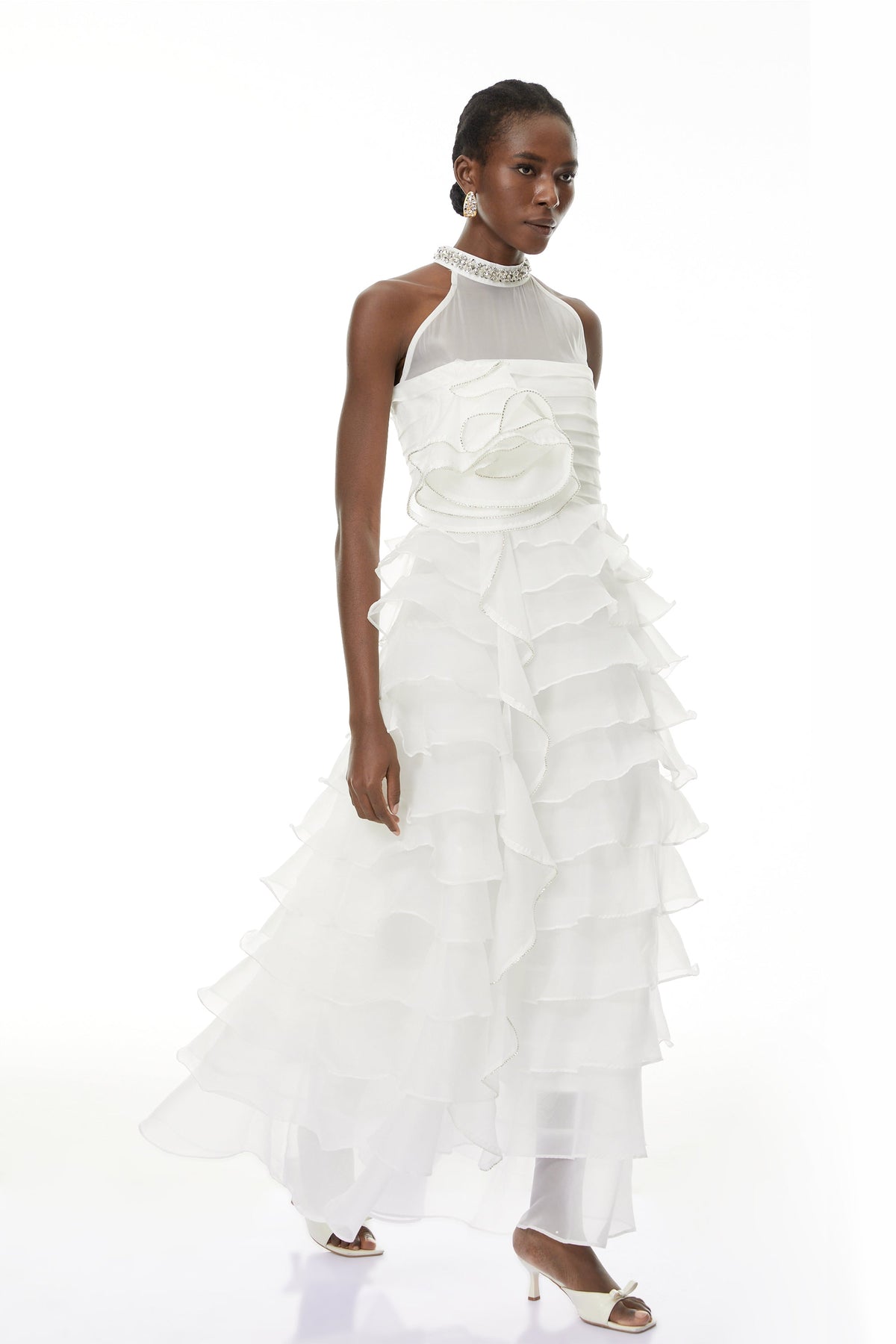 Anathi White 3D Petal Ruffled Maxi Dress