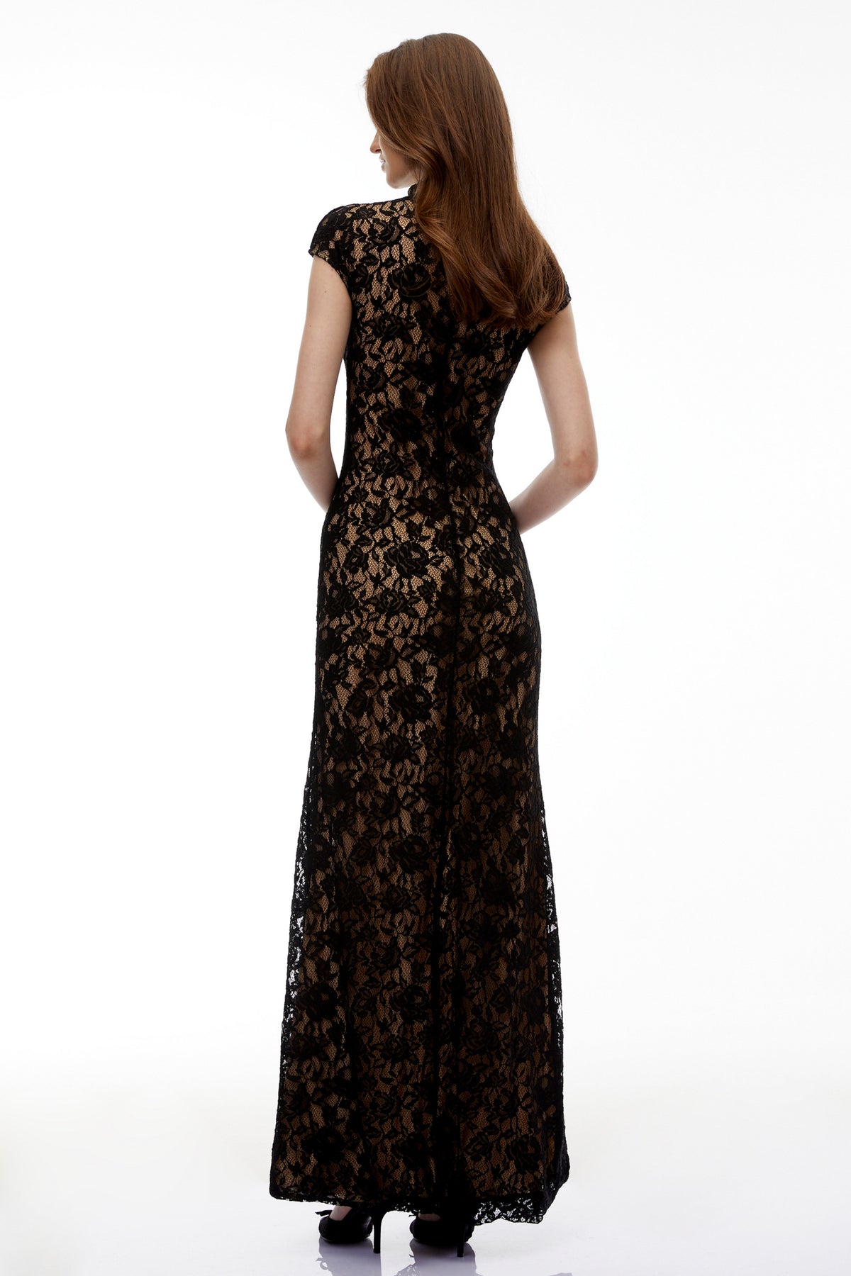 Andrea Black Keyhole Lace Maxi Dress with High Thigh Slit