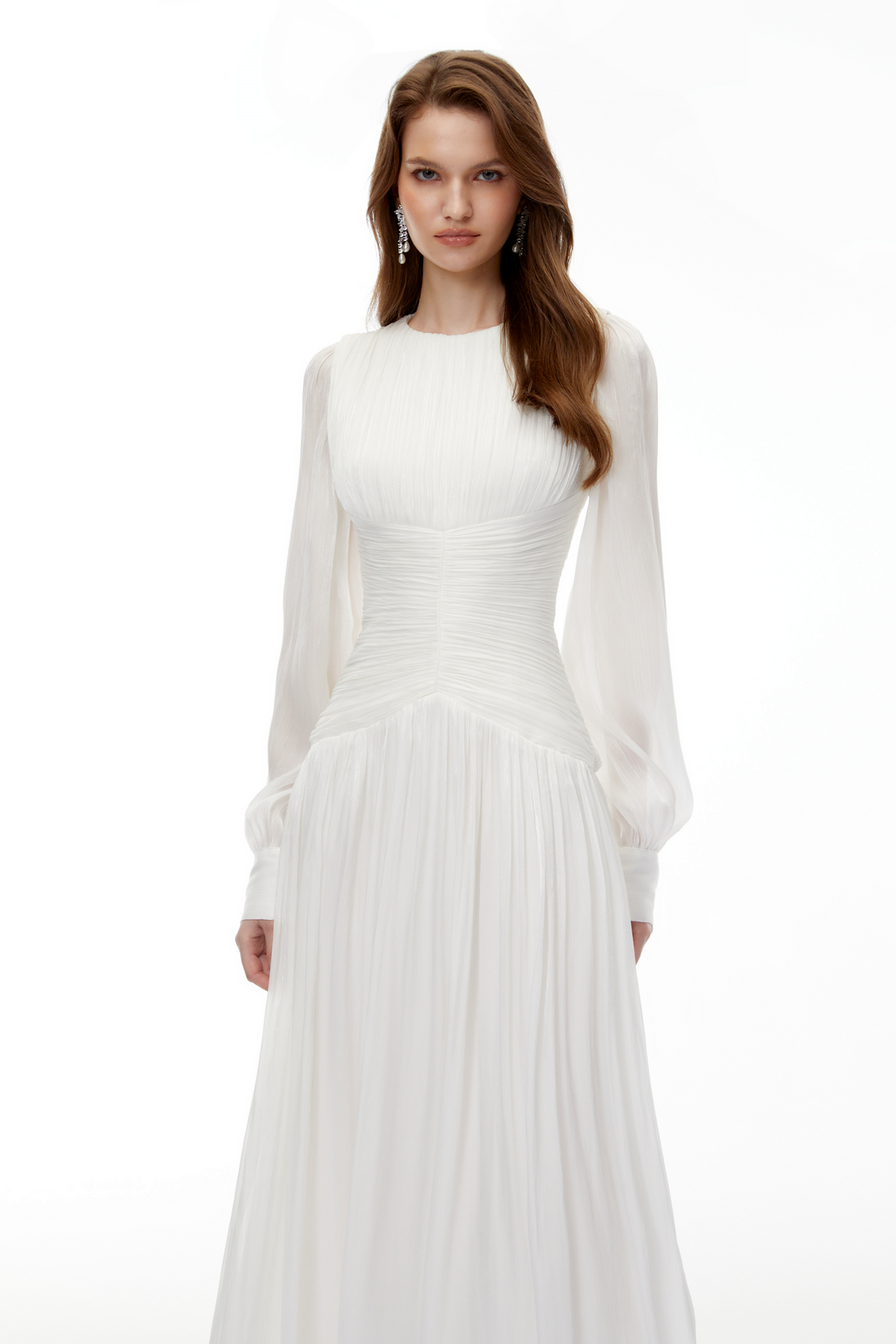 Aneka White High Neck Glossy Ruched Maxi Dress