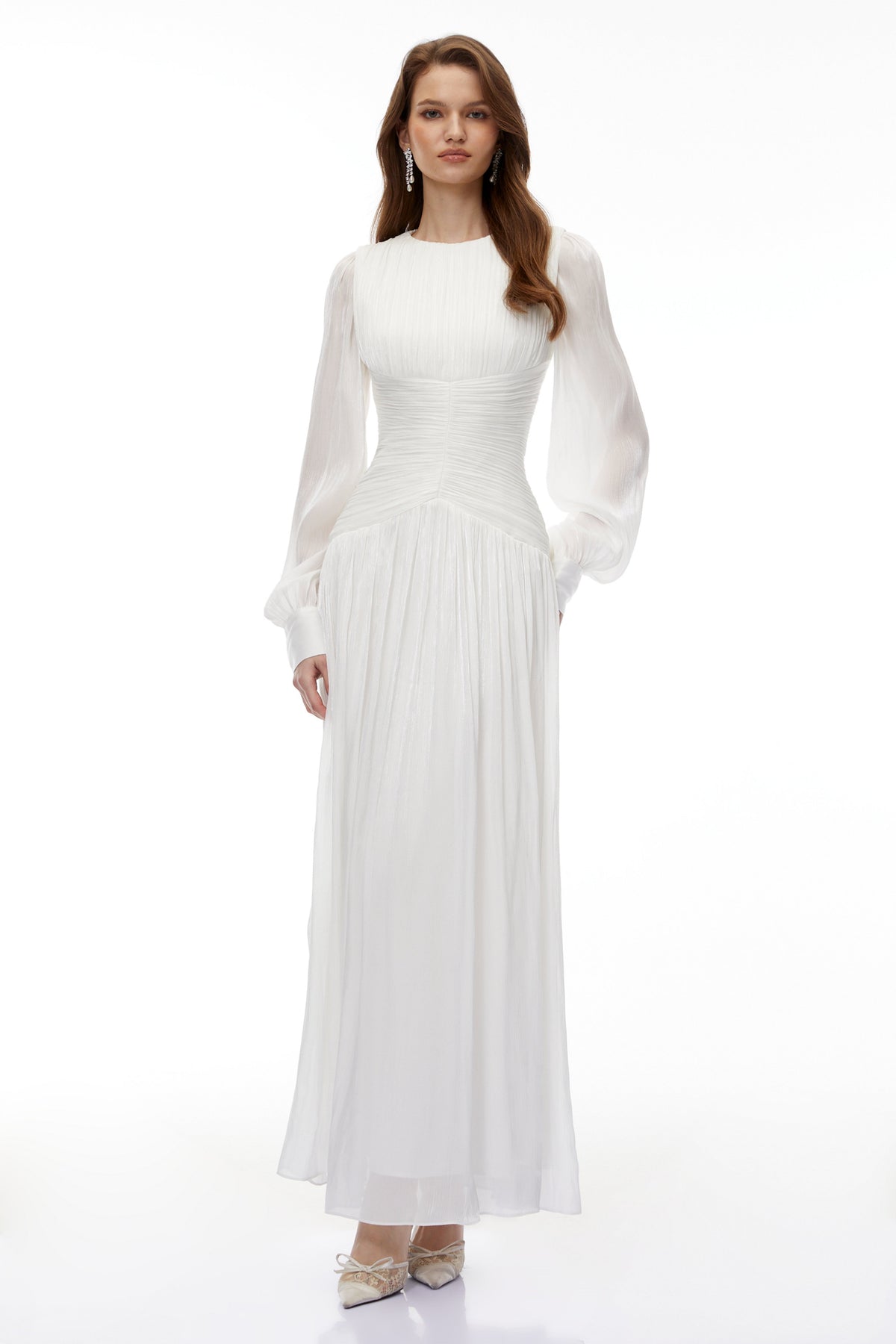 Aneka White High Neck Glossy Ruched Maxi Dress