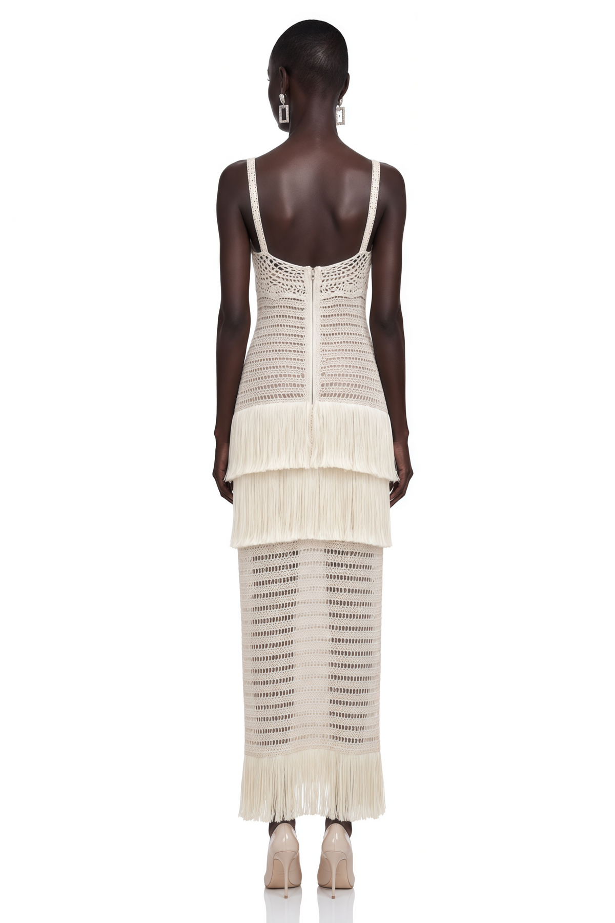 Ani White Cut-Out Knit Maxi Dress with Fringe