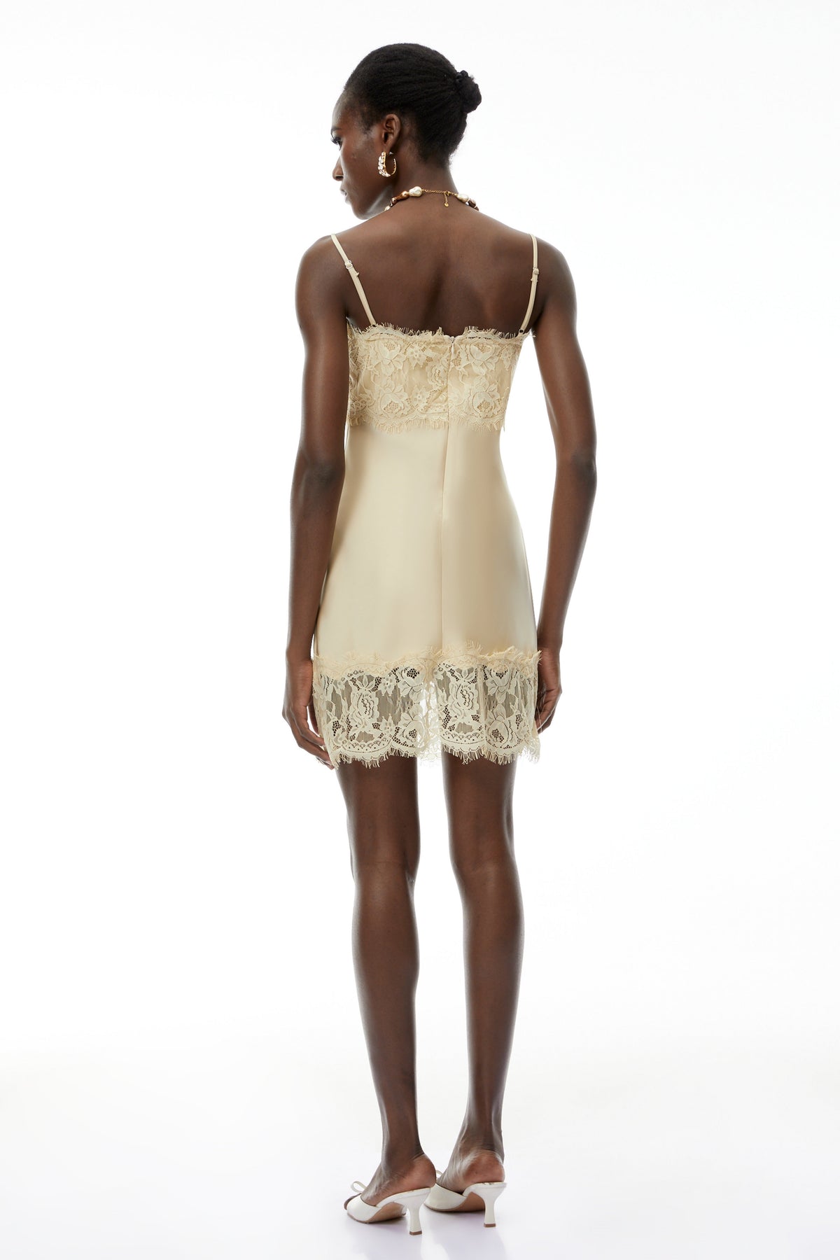 Anjelica Champagne Satin Mini Dress with Lace Panels (Final Sale)