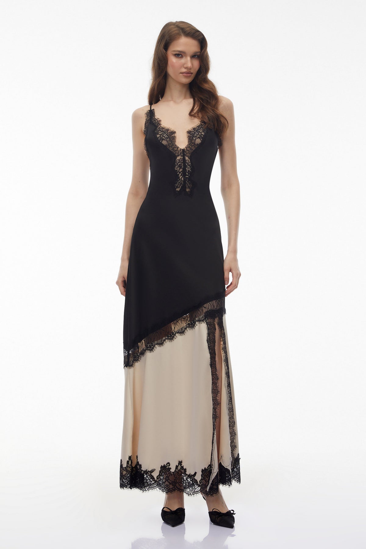 Annabelle Black V-neck Lace Trim Panelled Slit Maxi Dress