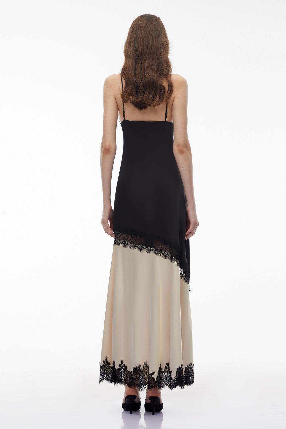 Annabelle Black V-neck Lace Trim Panelled Slit Maxi Dress