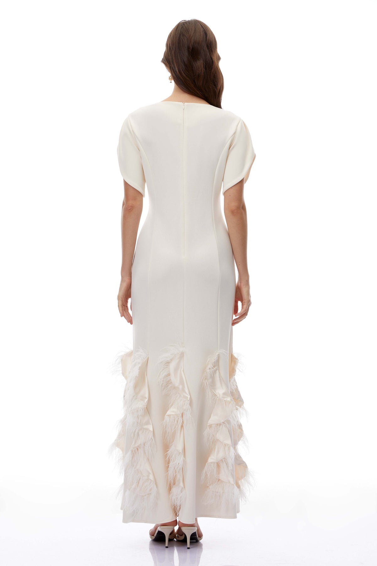 Annika White Ruffled Maxi Dress with Feather Trim