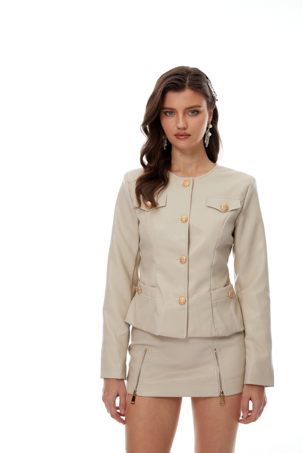 Anniken Neutral Faux Leather Jacket & Skirt Set